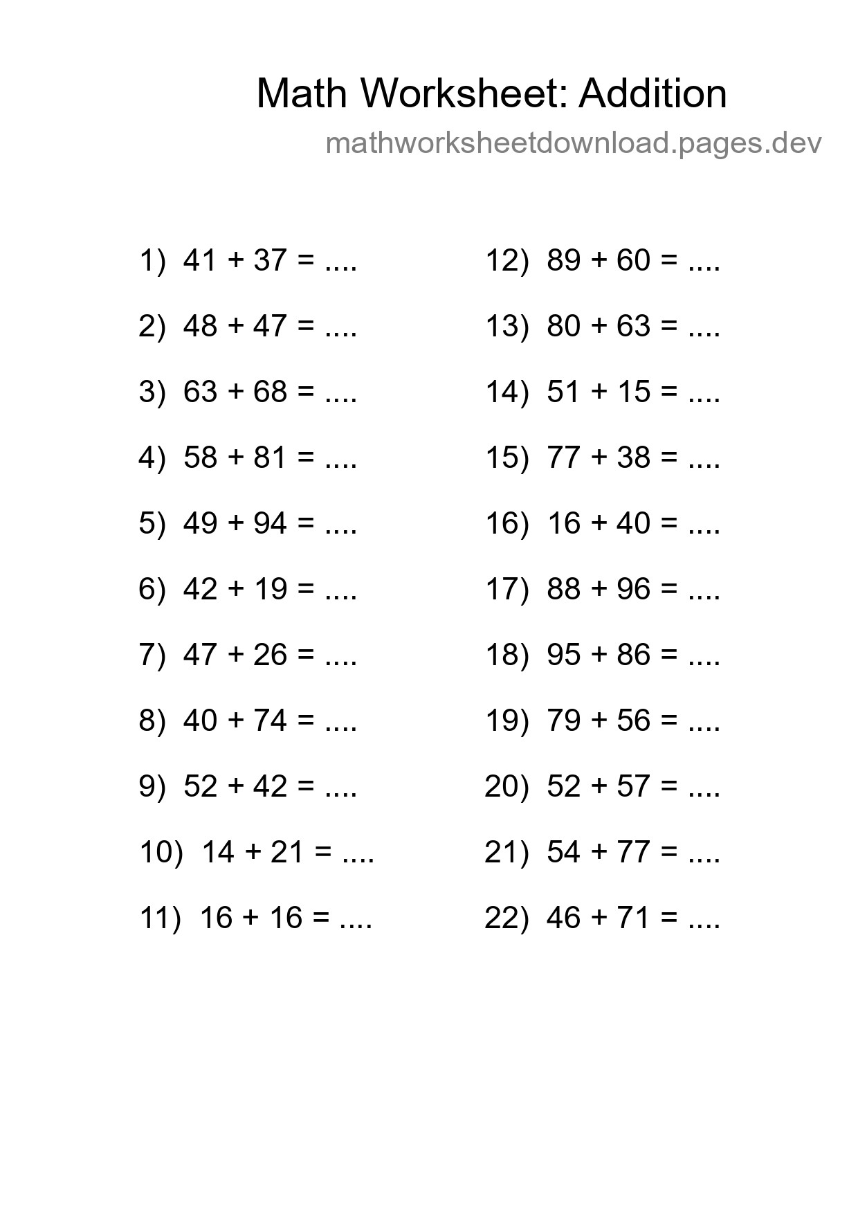 Grade 3 Addition Practice Worksheet (22 Problems) - Part 191