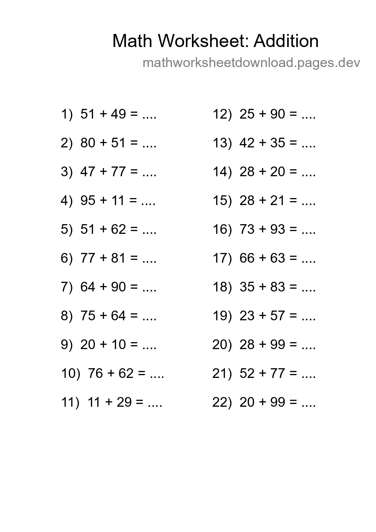 Grade 3 Addition Practice Worksheet (22 Problems) - Part 31
