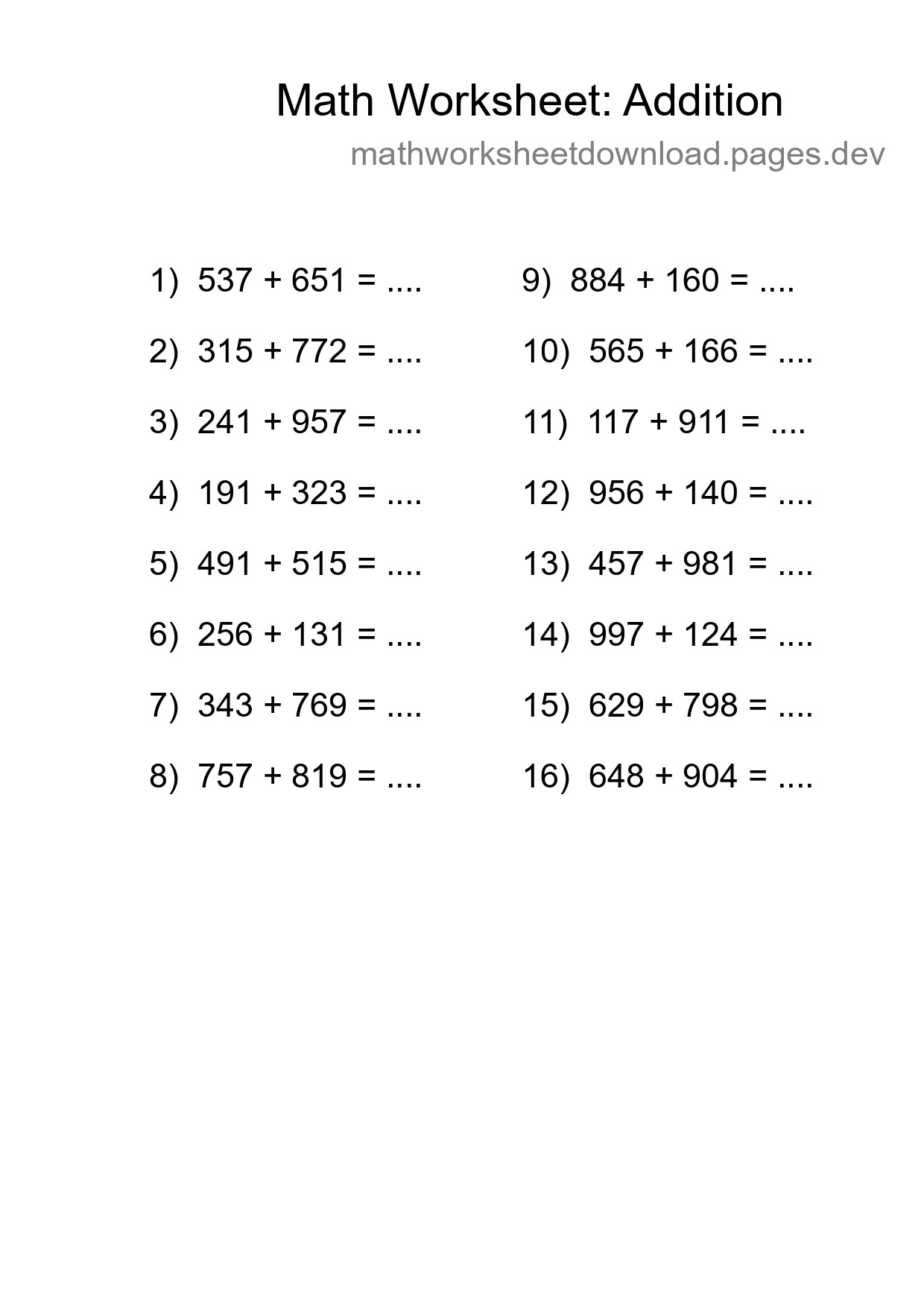 Grade 5 Addition Practice Worksheet (16 Problems) - Part 221