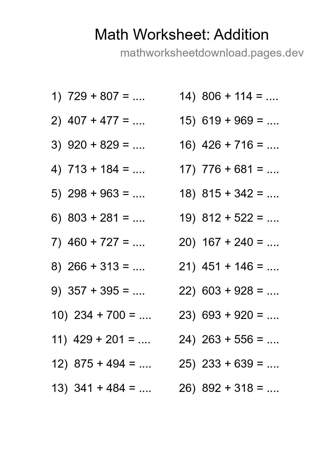 Grade 5 Addition Practice Worksheet (26 Problems) - Part 231