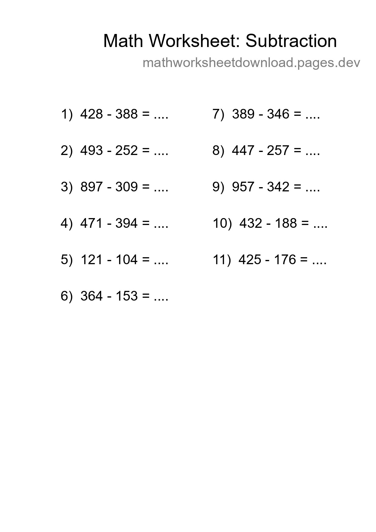 Grade 5 Subtraction Practice Worksheet (11 Problems) - Part 88