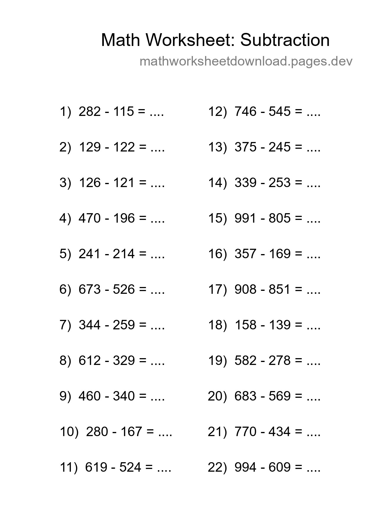 Grade 5 Subtraction Practice Worksheet (22 Problems) - Part 78