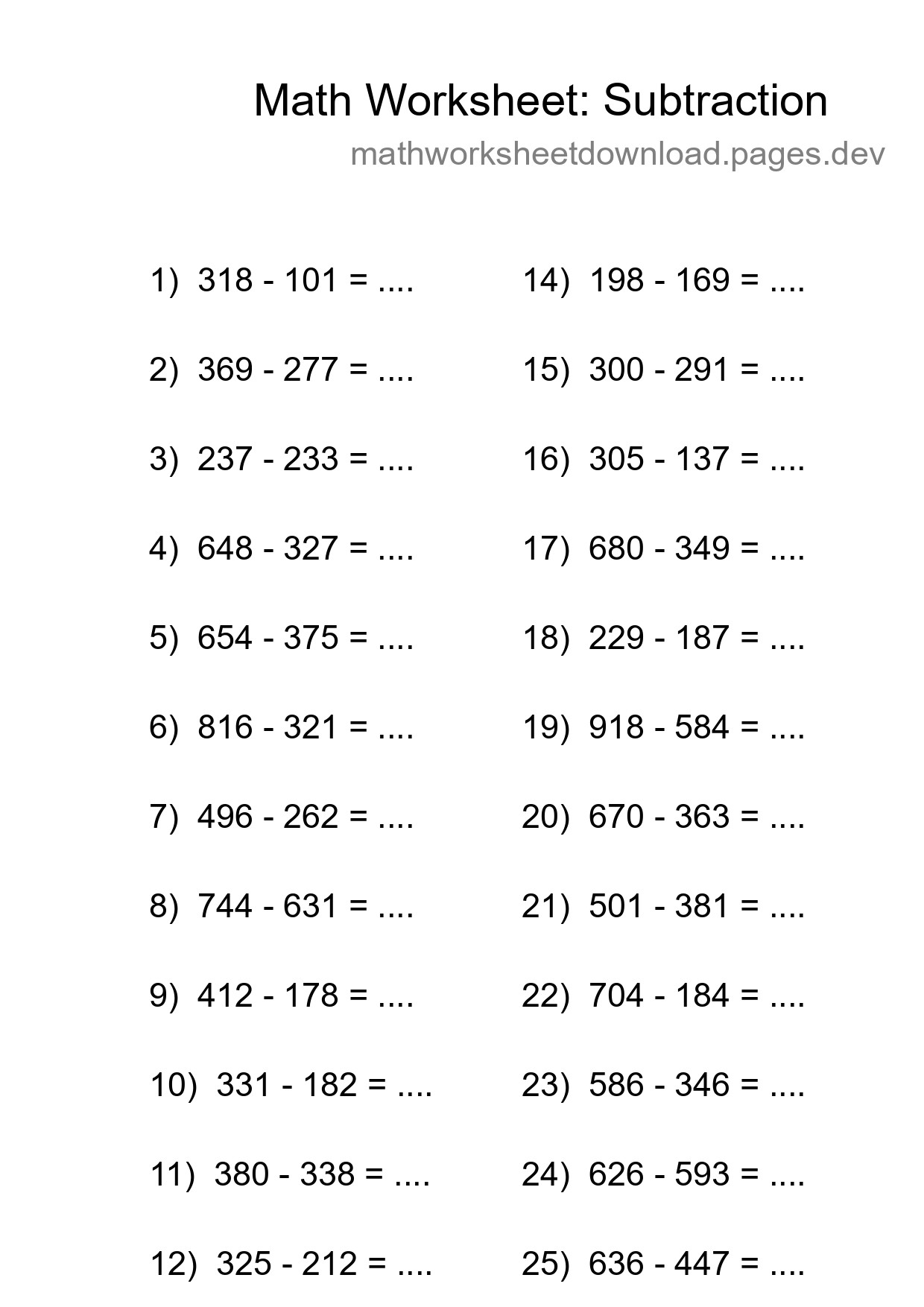 Grade 5 Subtraction Practice Worksheet (26 Problems) - Part 168