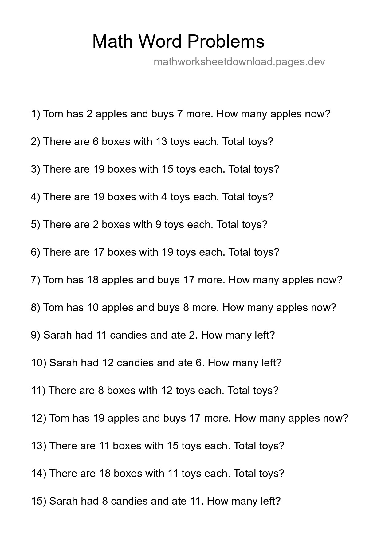 Math Word Problem Worksheet