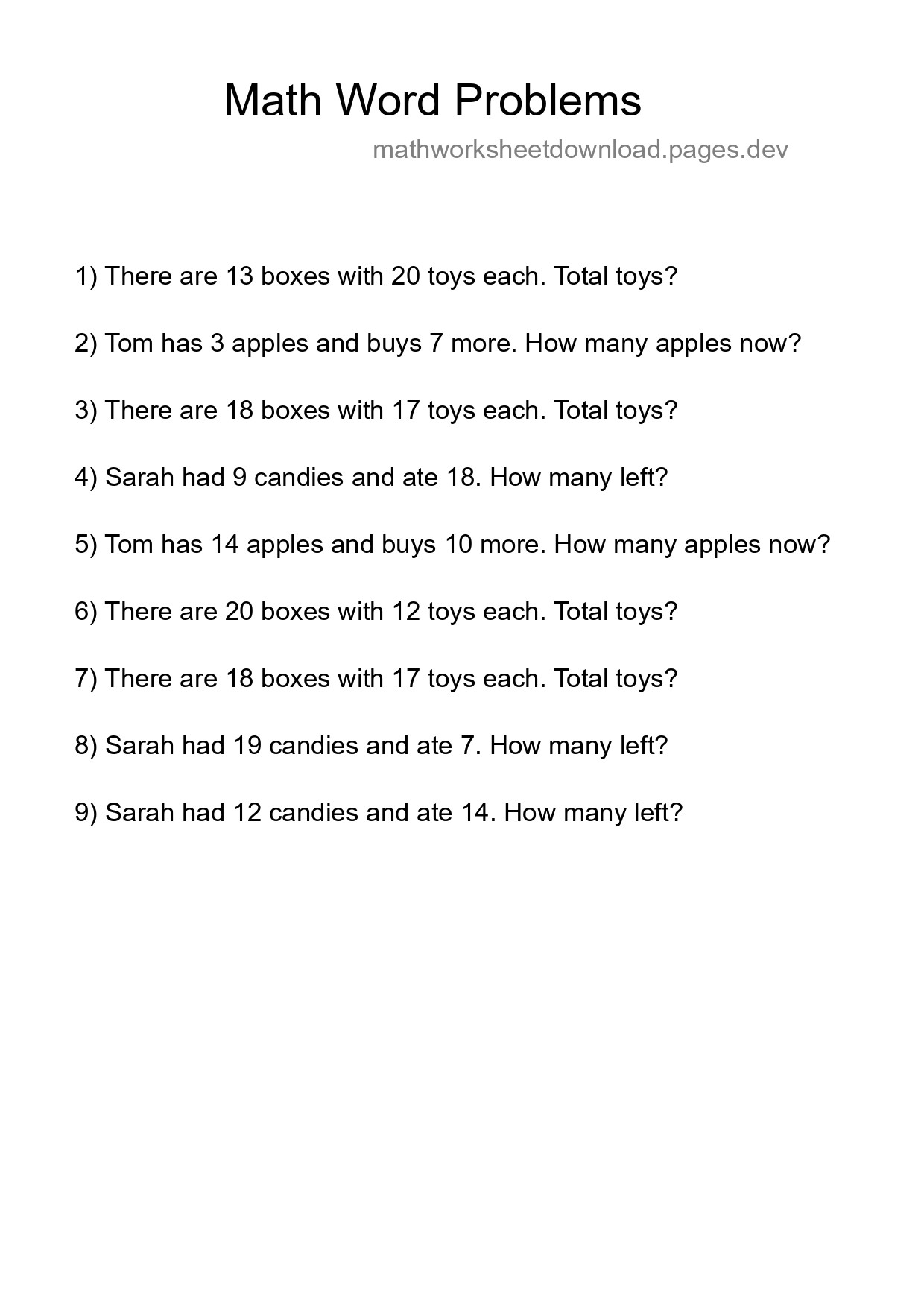 Math Word Problem Worksheet