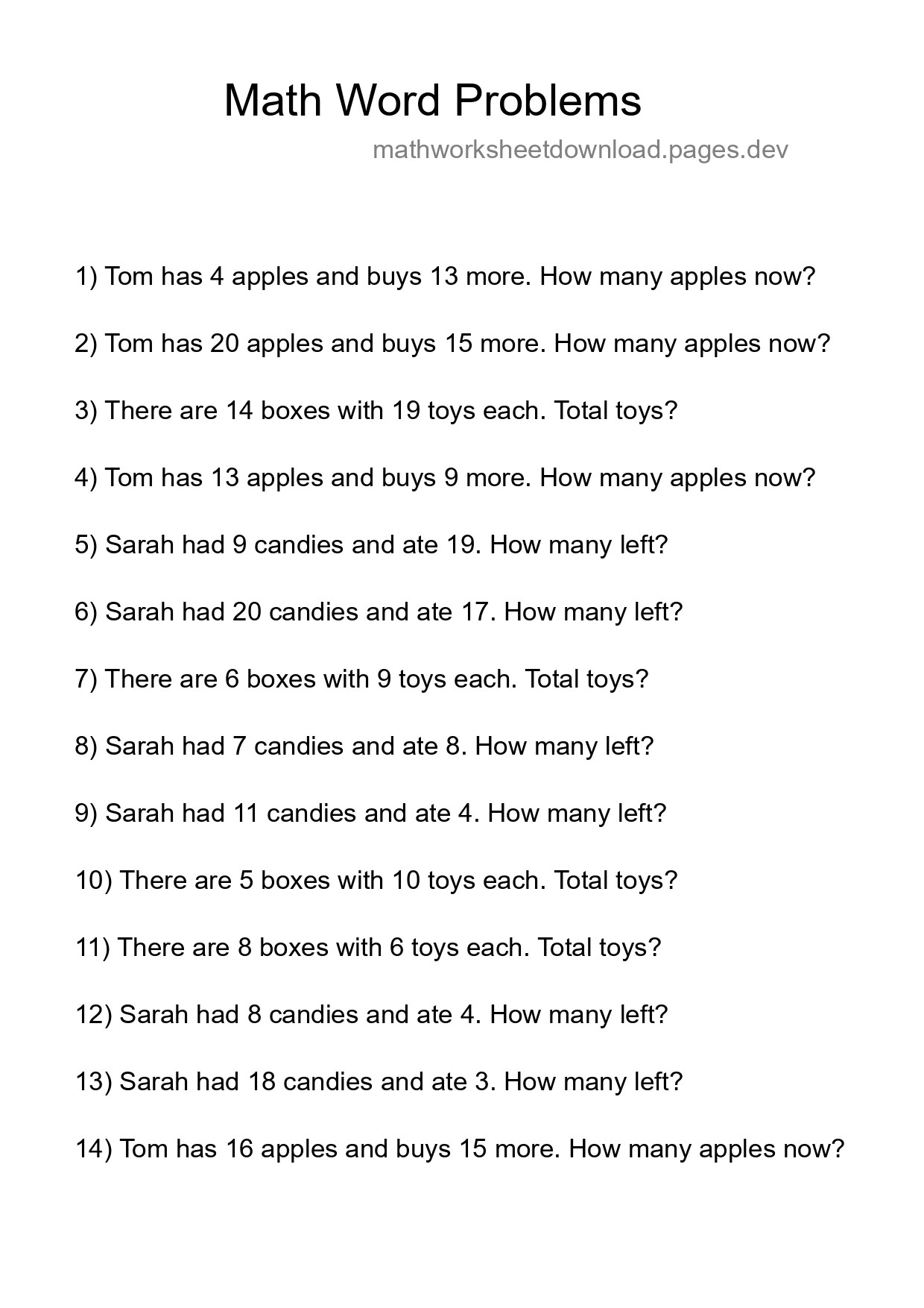 Math Word Problem Worksheet