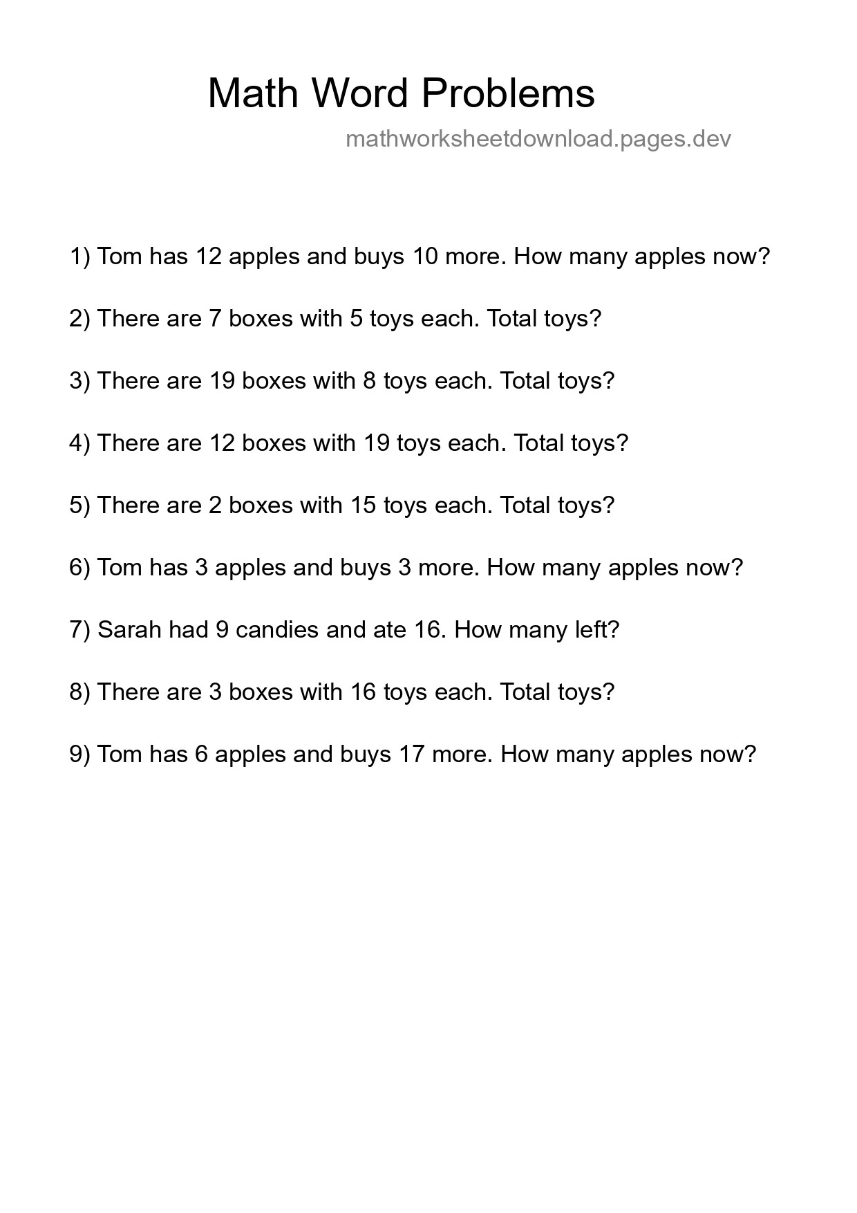 Math Word Problem Worksheet