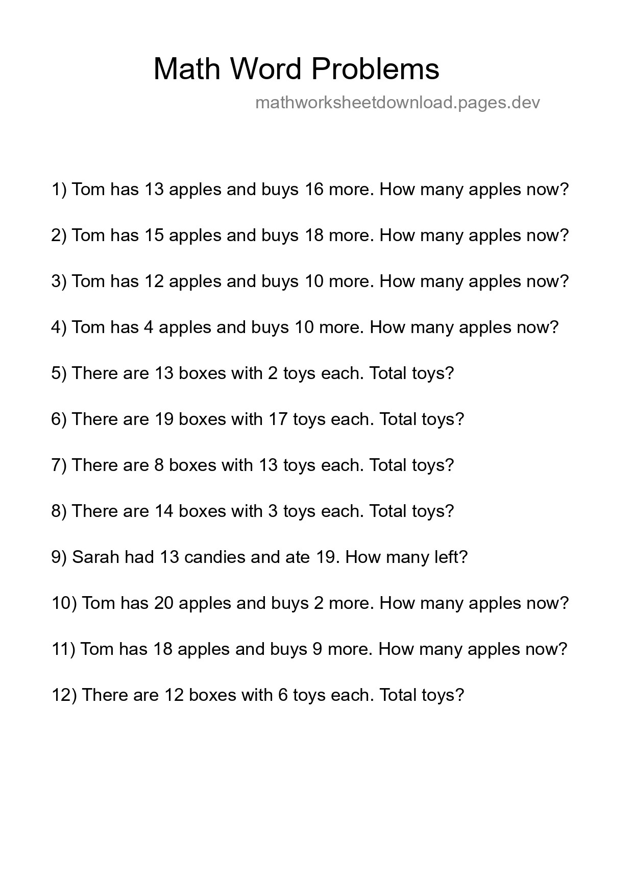 Math Word Problem Worksheet