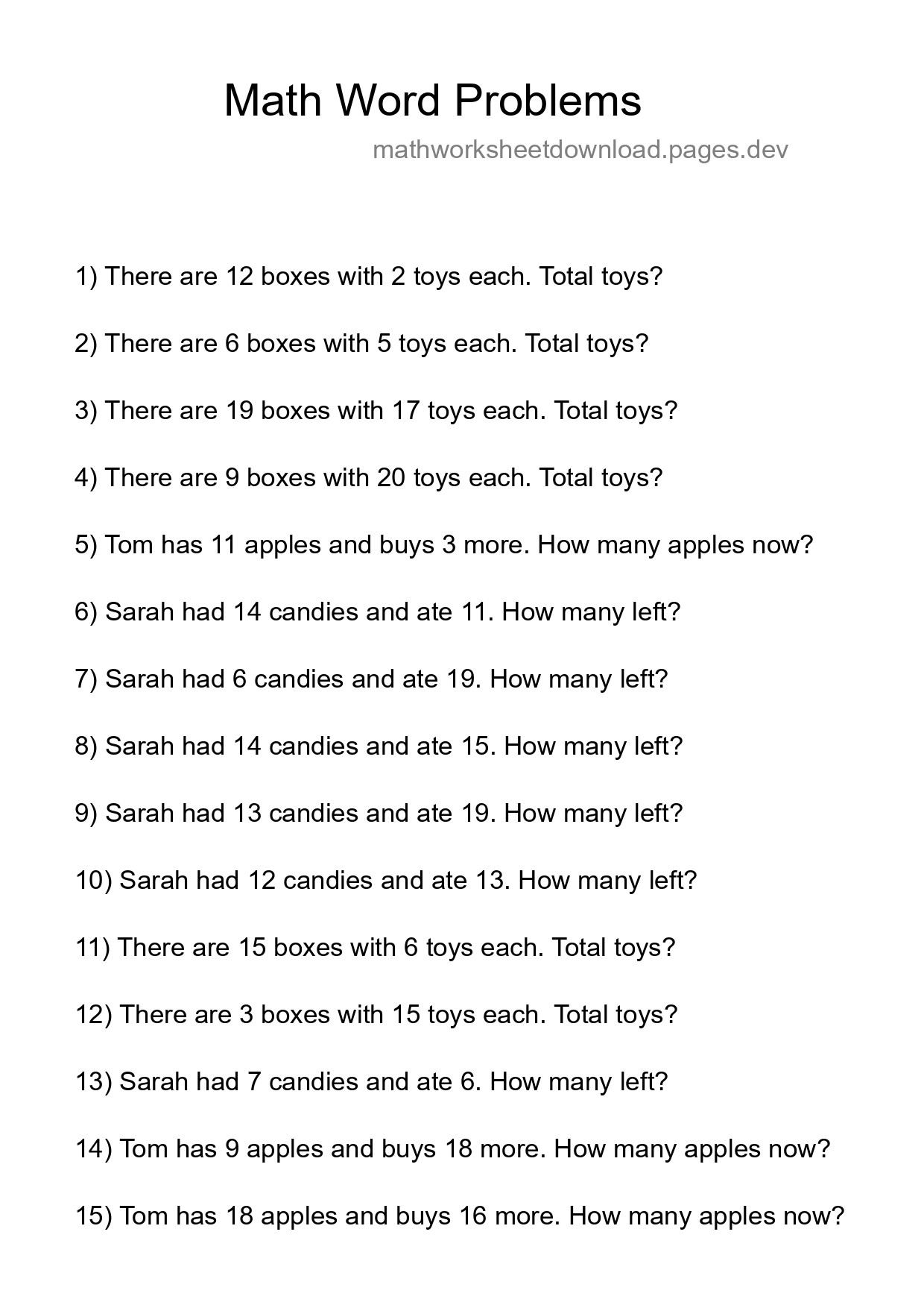 Math Word Problem Worksheet