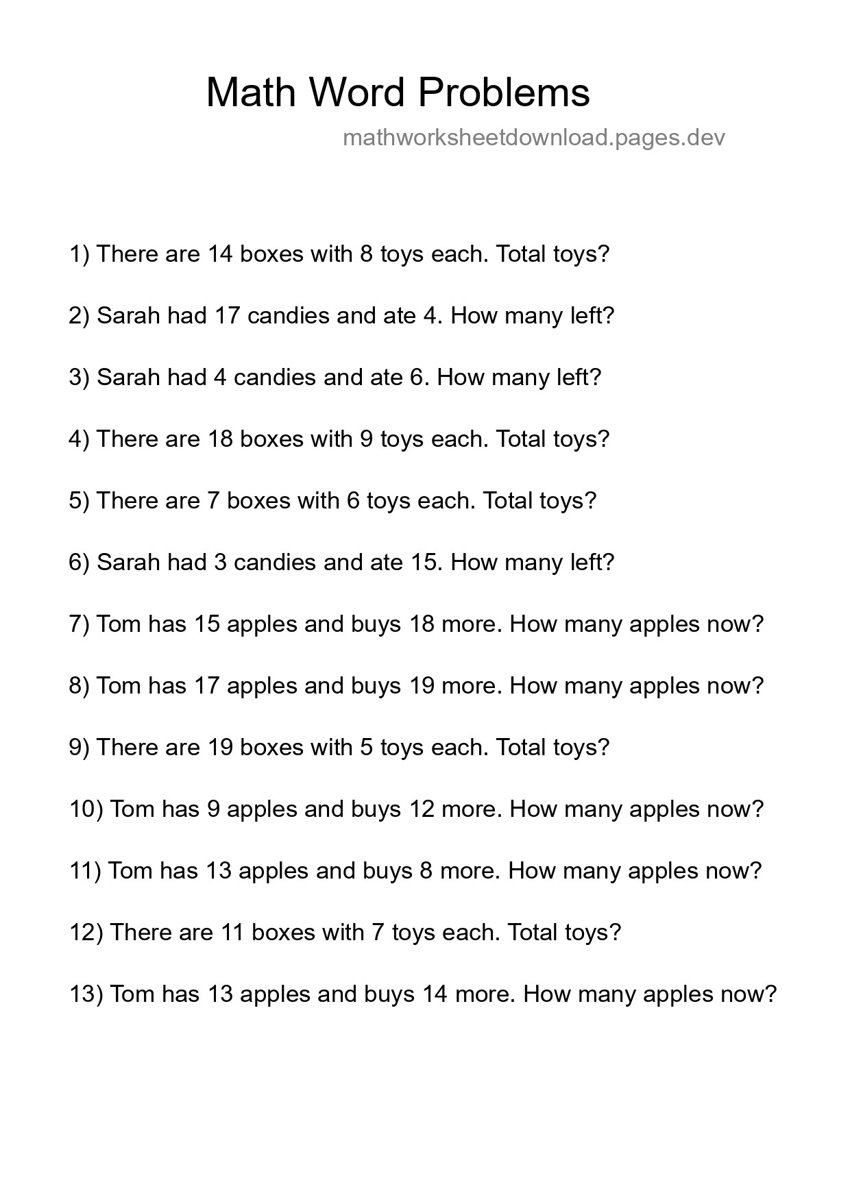 Math Word Problem Worksheet
