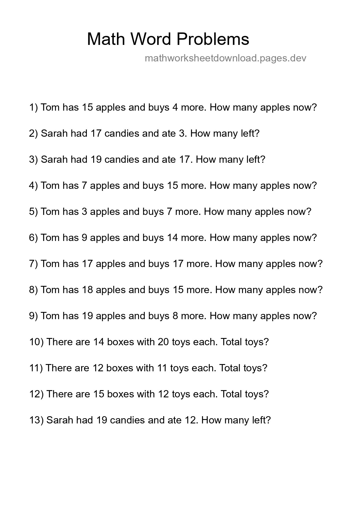 Math Word Problem Worksheet