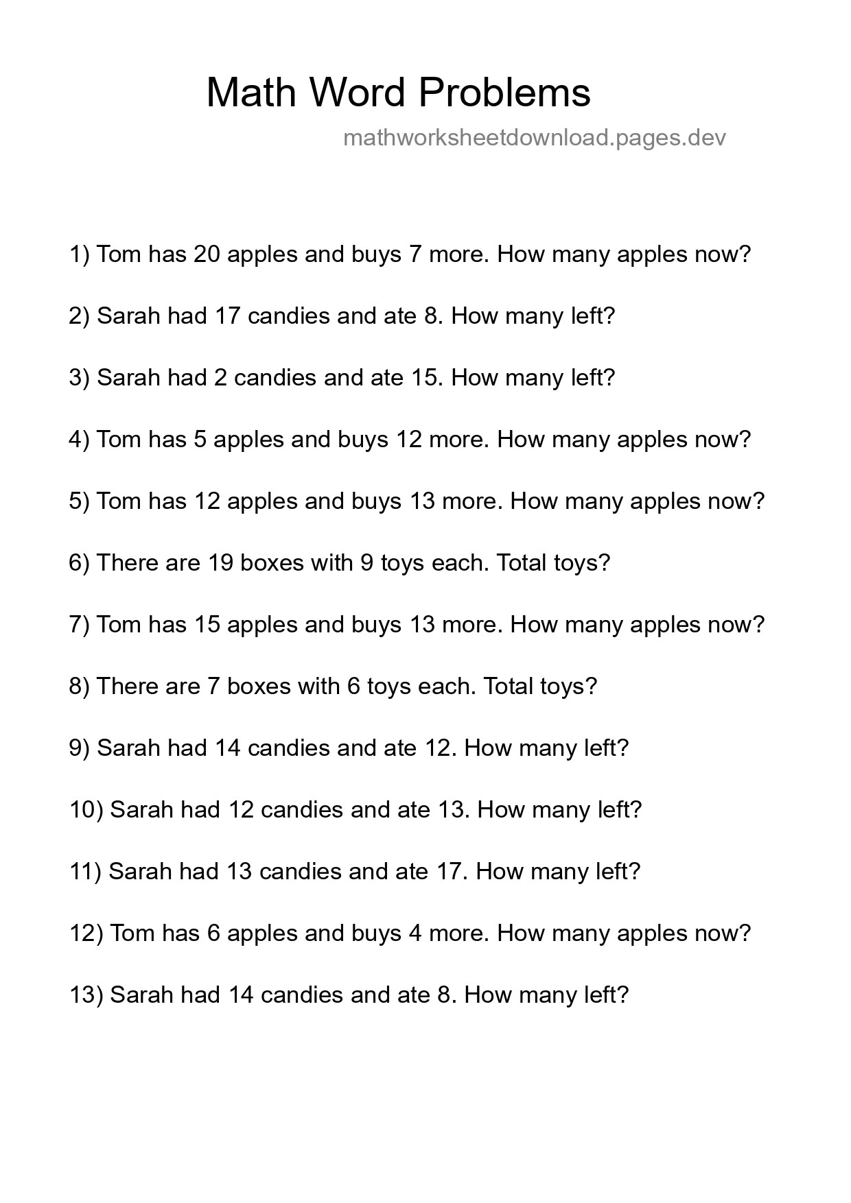 Math Word Problem Worksheet