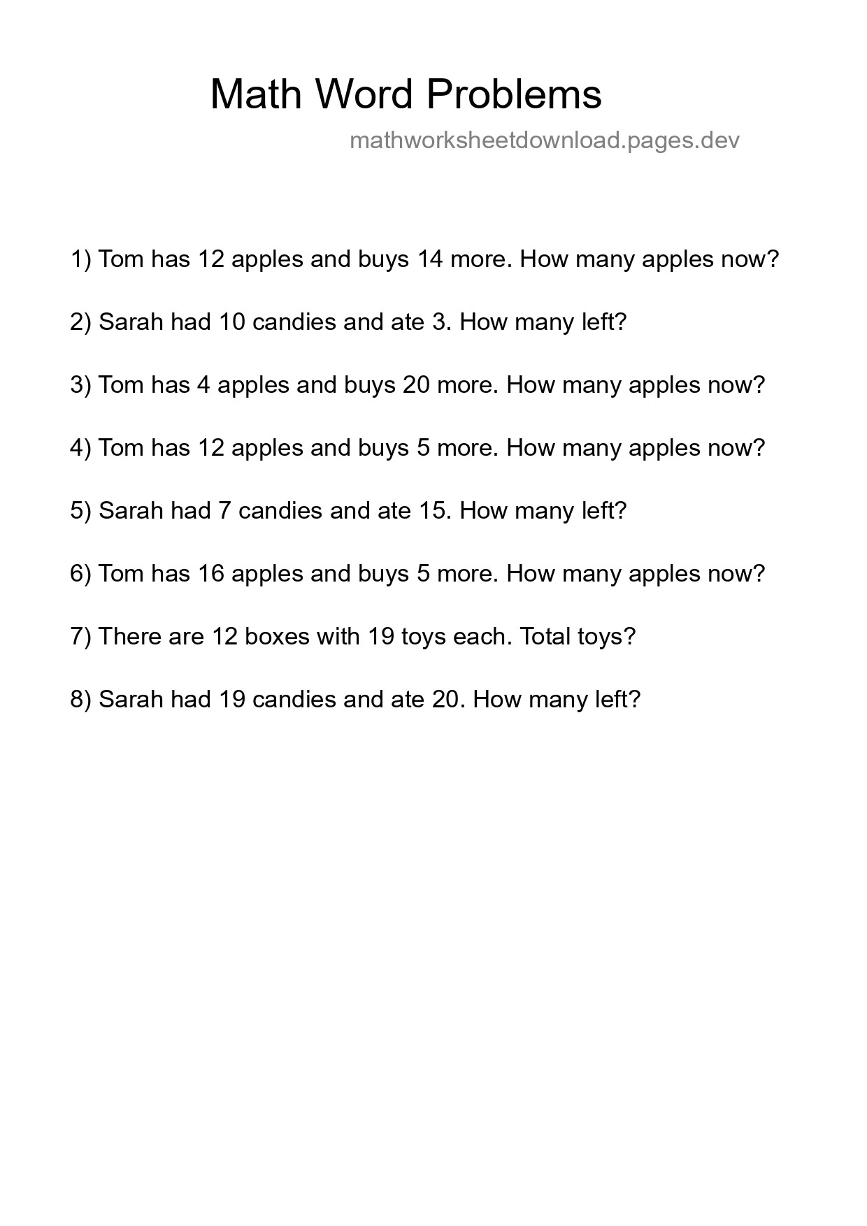 Math Word Problem Worksheet