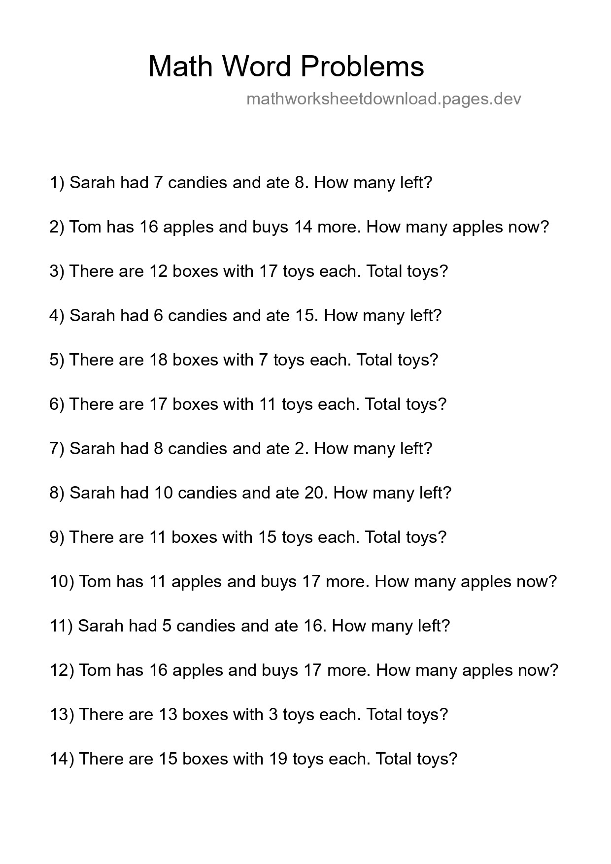 Math Word Problem Worksheet