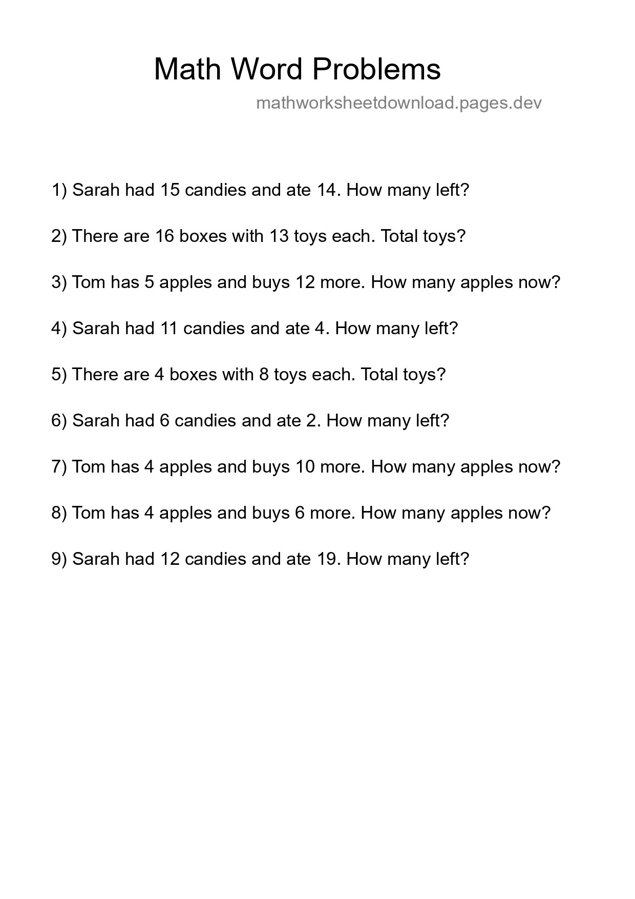 Math Word Problem Worksheet