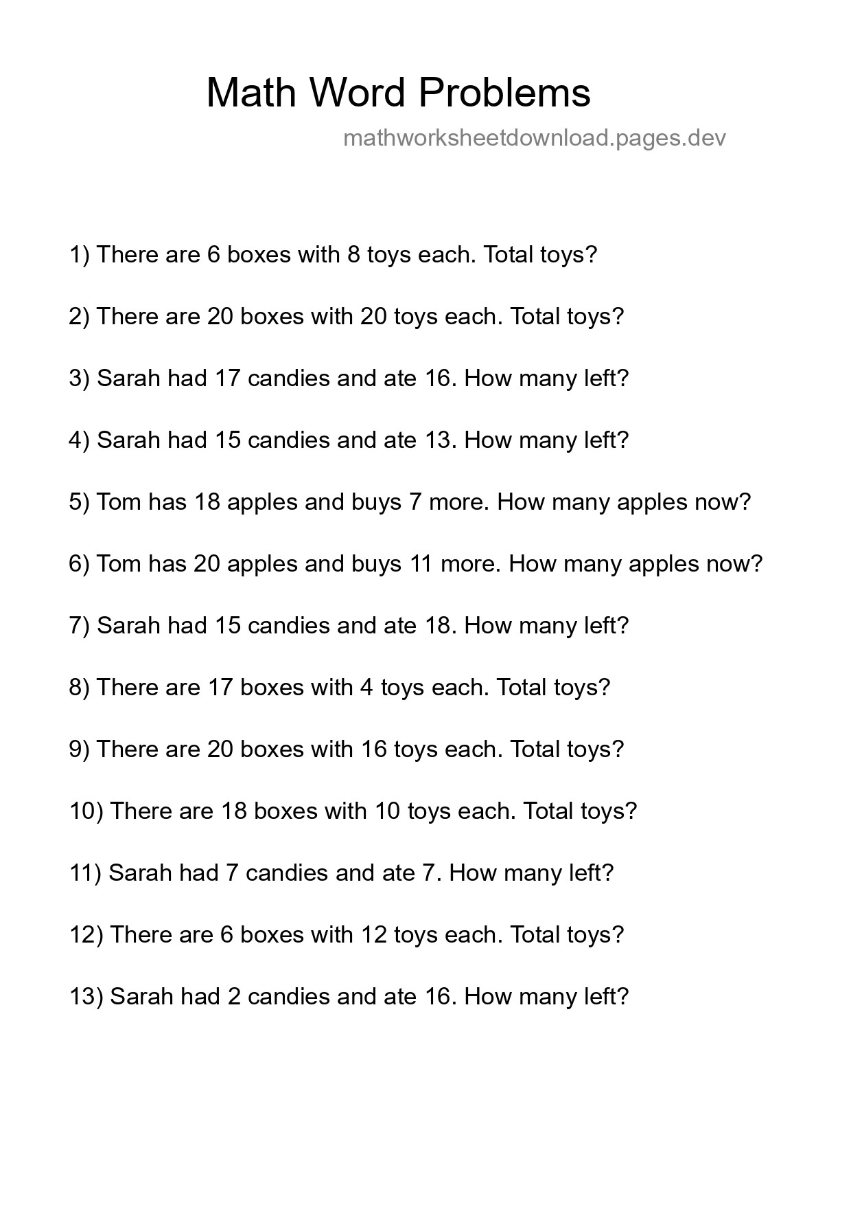 Math Word Problem Worksheet