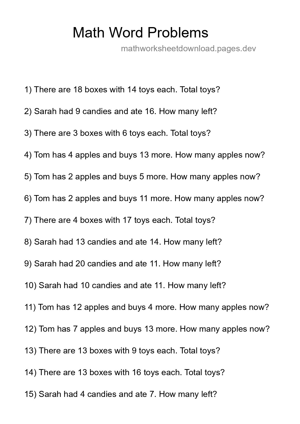 Math Word Problem Worksheet