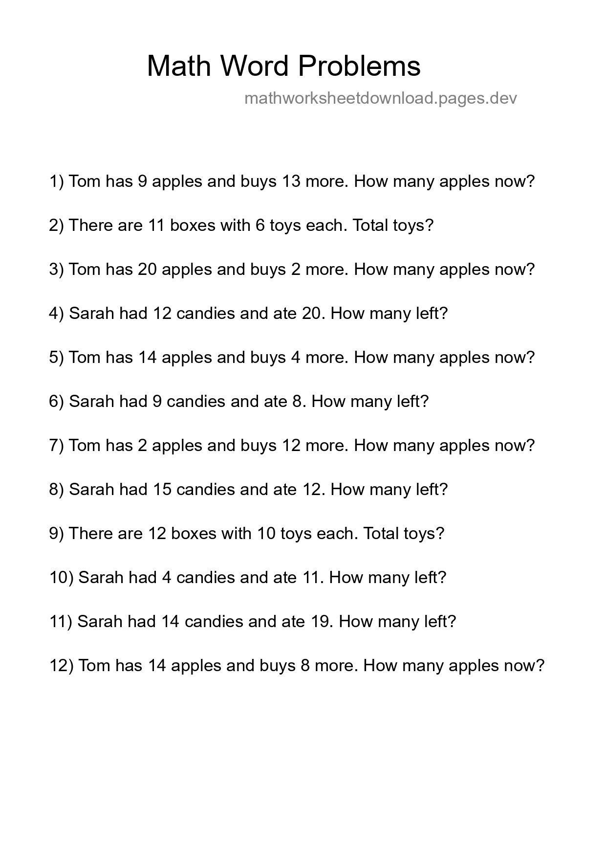 Math Word Problem Worksheet