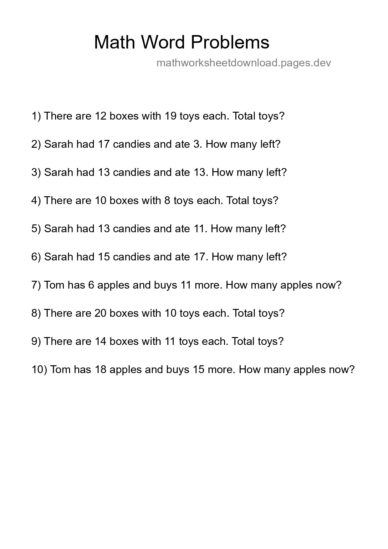 Math Word Problem Worksheet