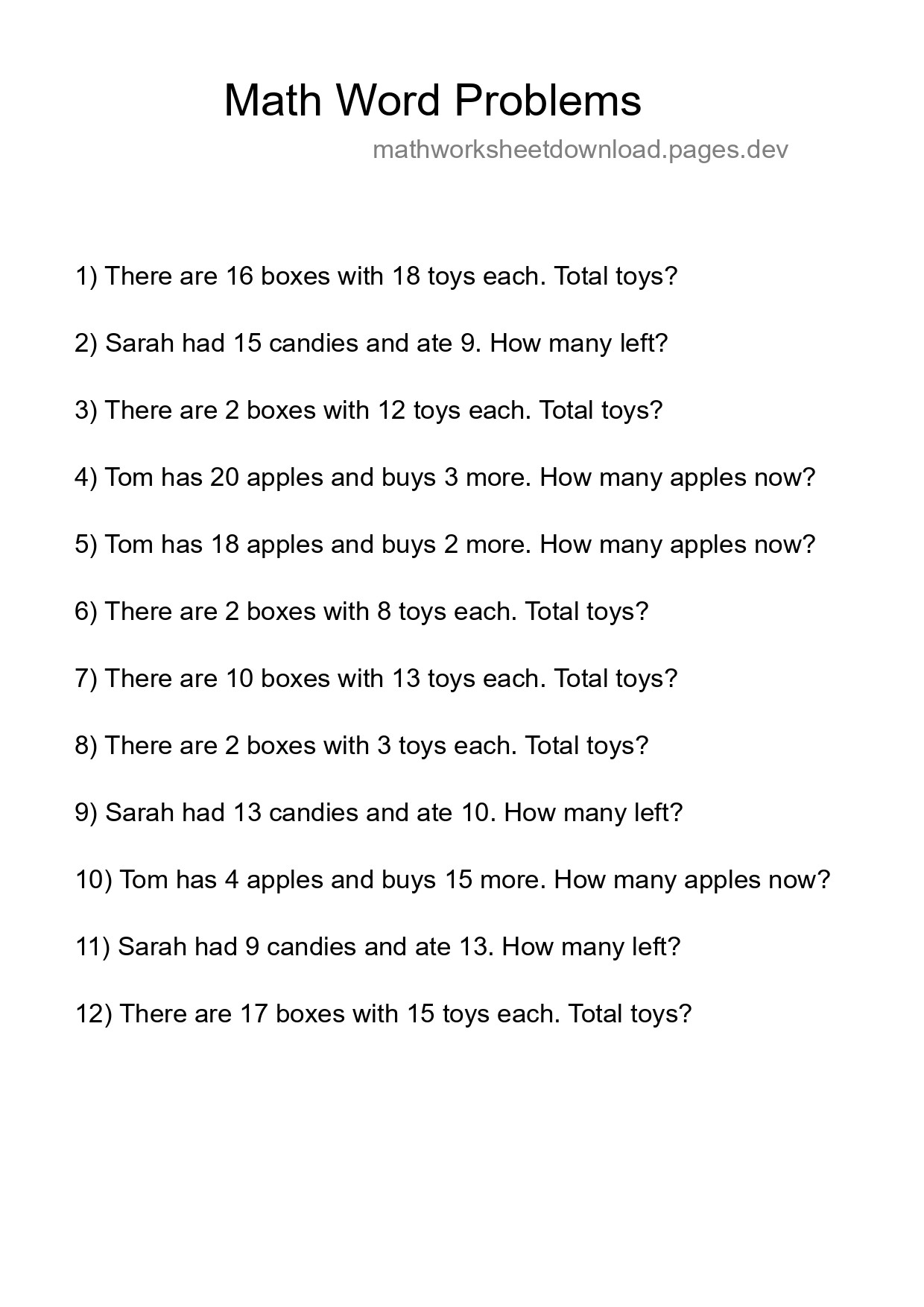 Math Word Problem Worksheet