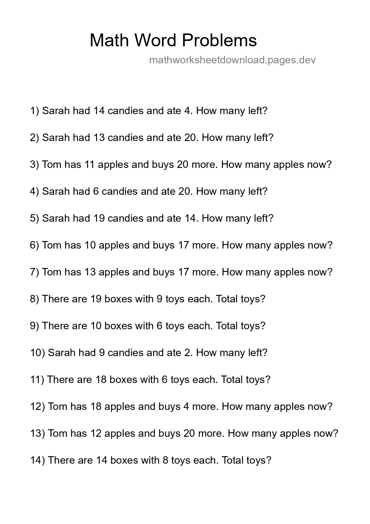 Math Word Problem Worksheet