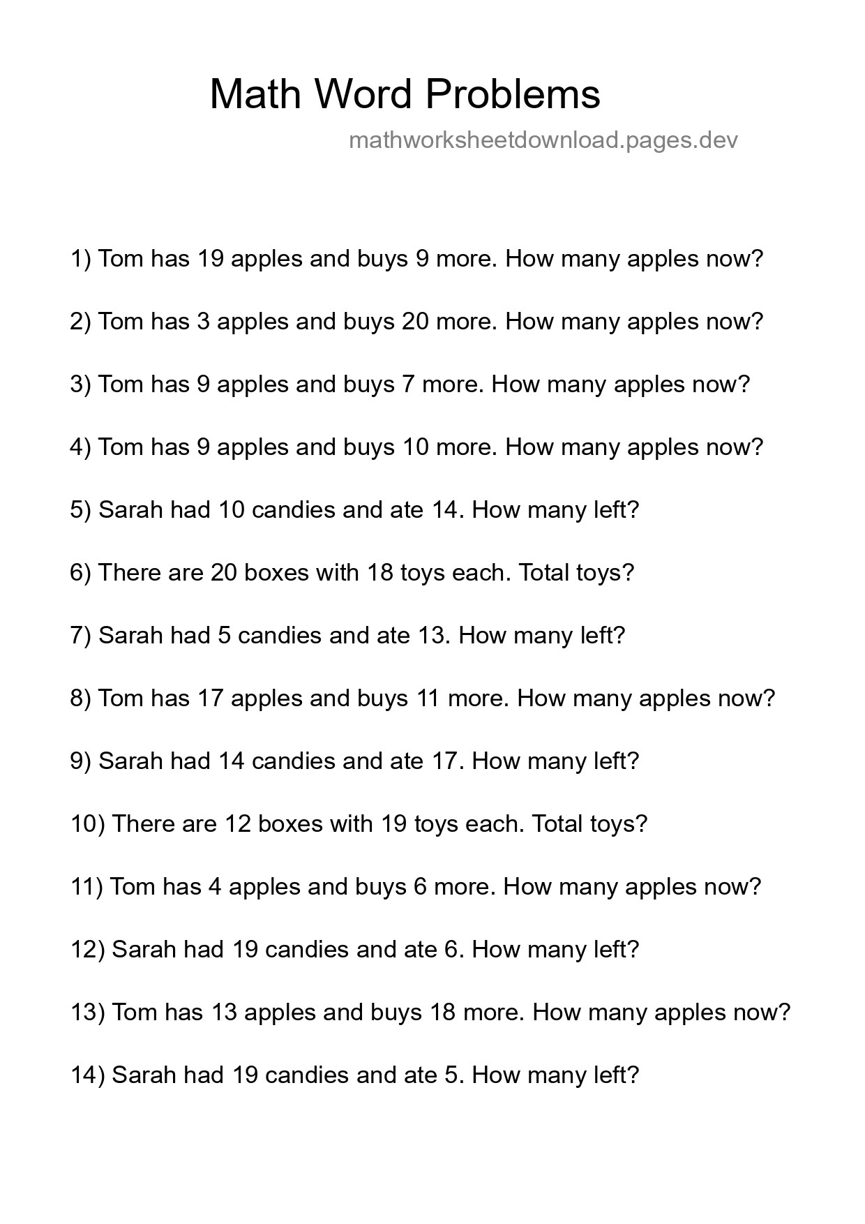 Math Word Problem Worksheet