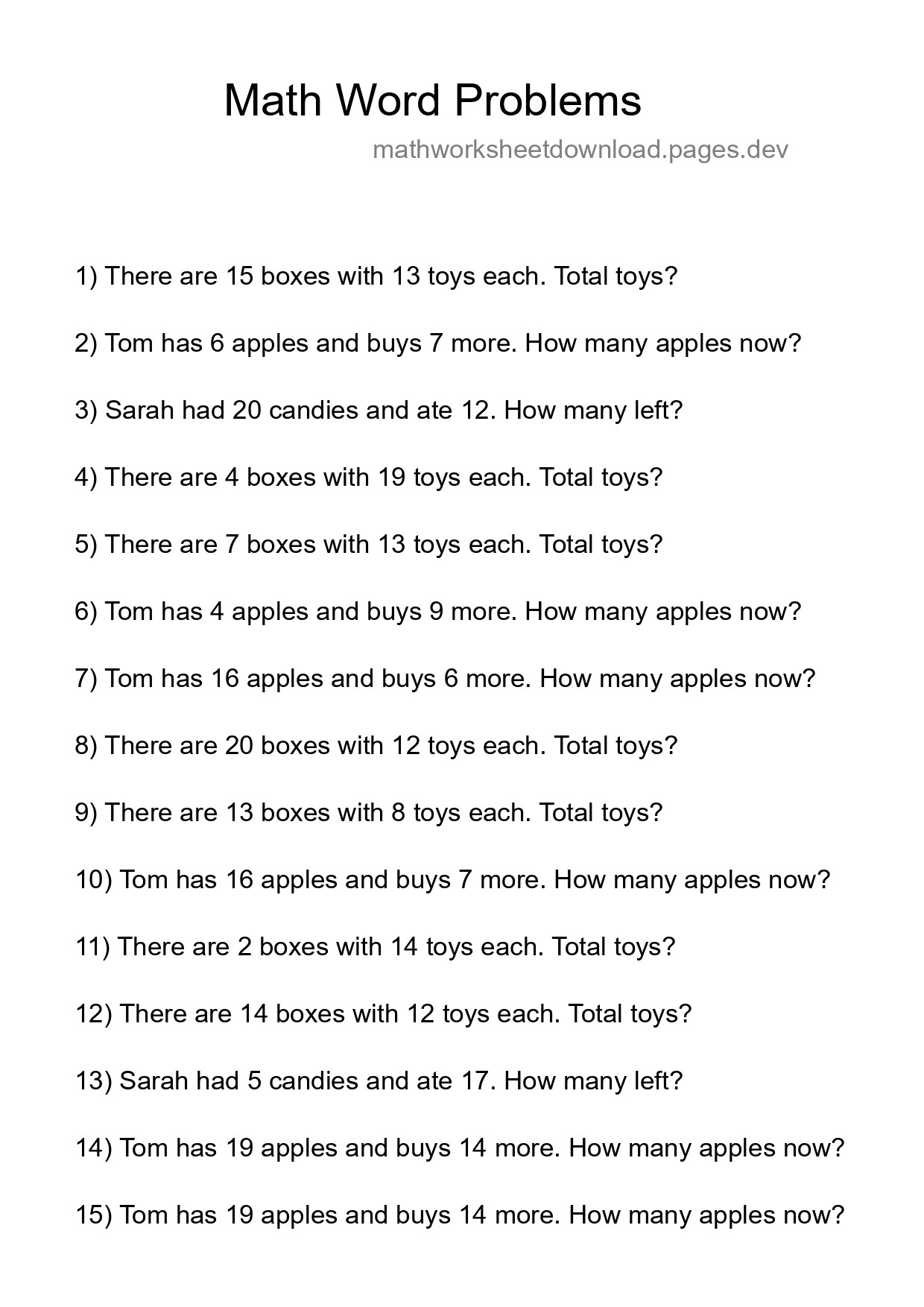 Math Word Problem Worksheet