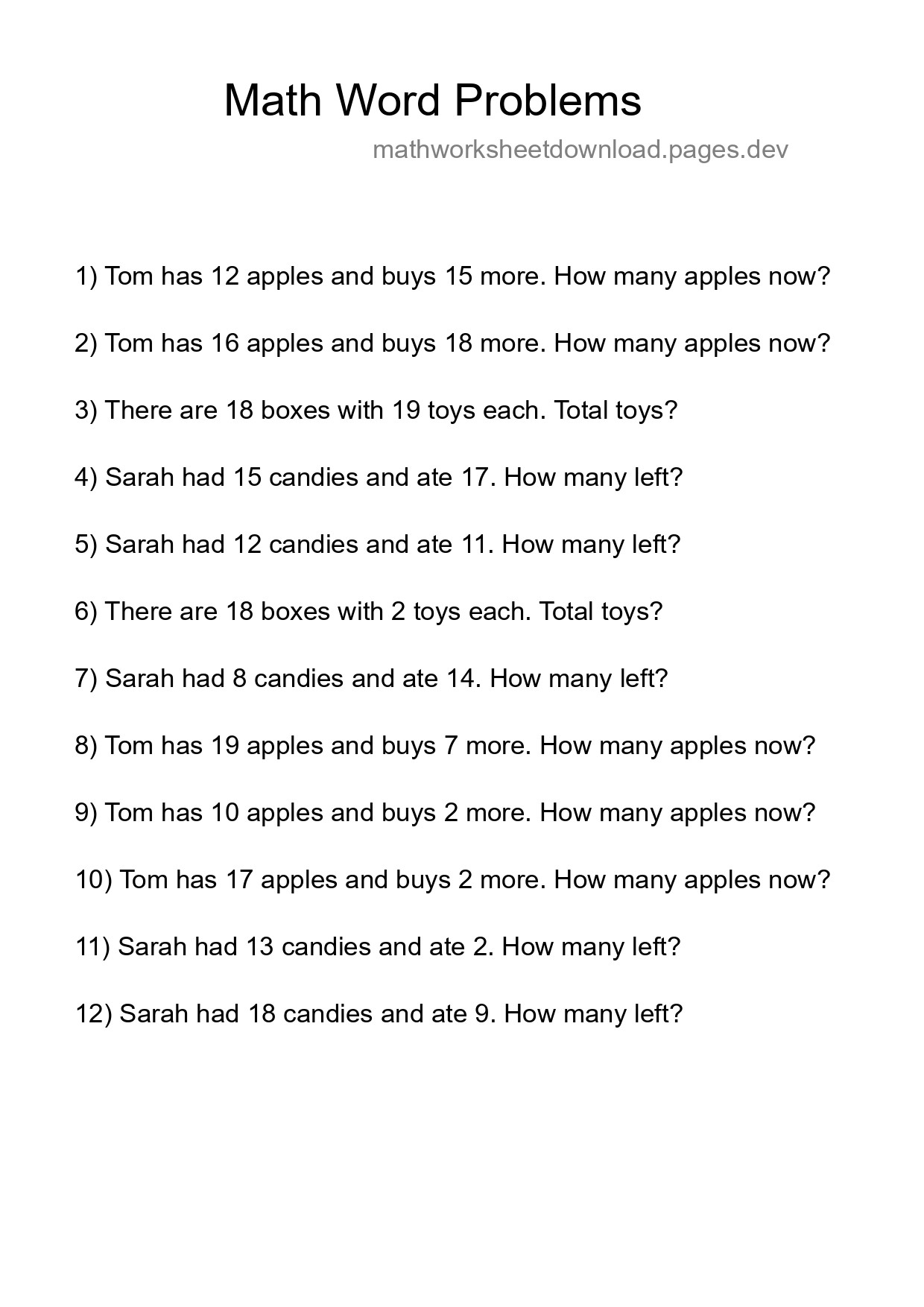 Math Word Problem Worksheet