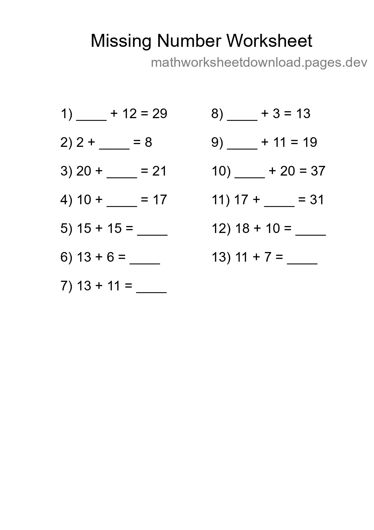 Missing Number Math Worksheet