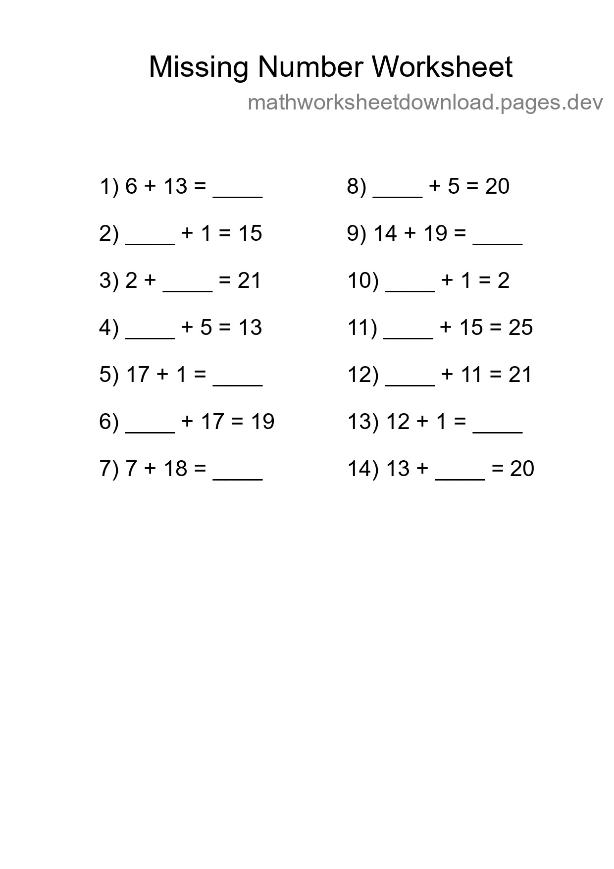 Missing Number Math Worksheet
