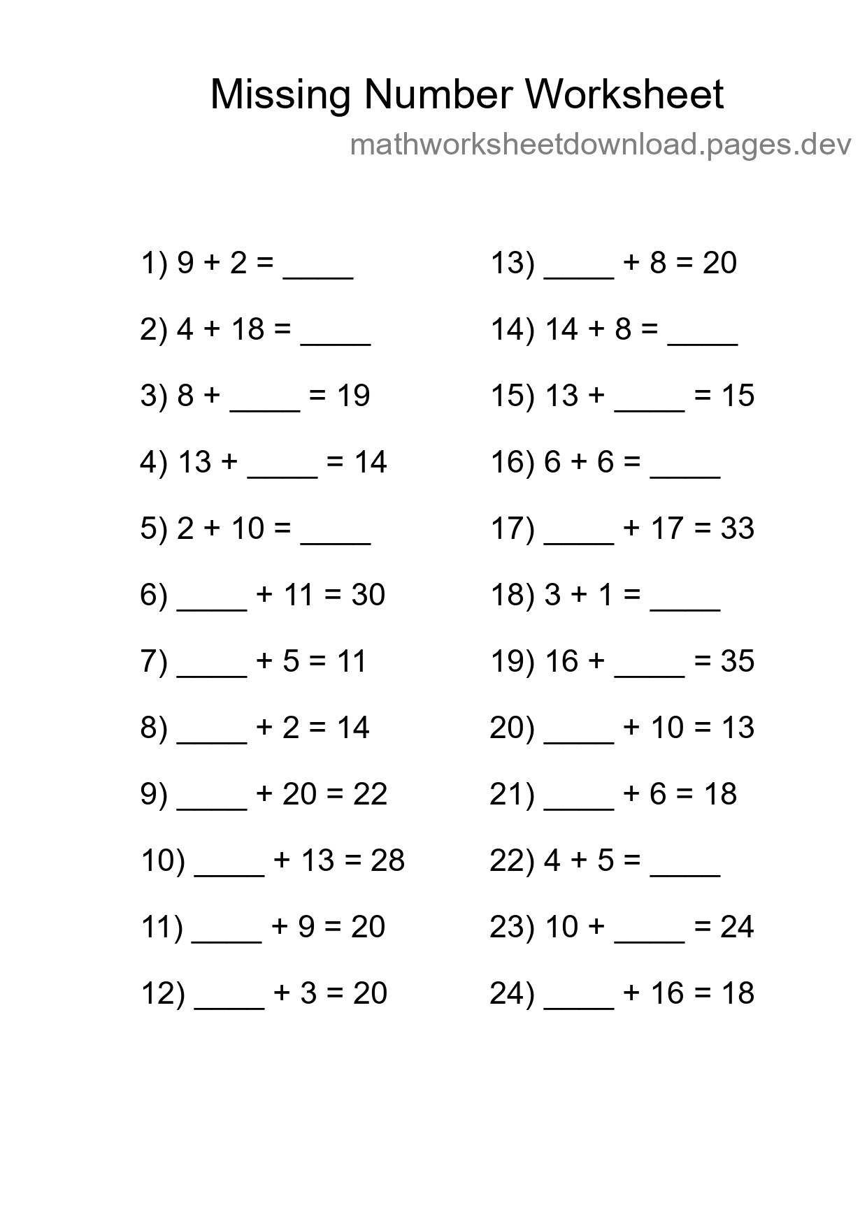 Missing Number Math Worksheet
