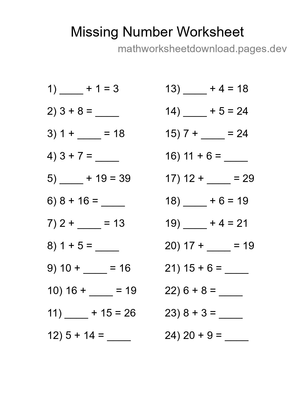 Missing Number Math Worksheet