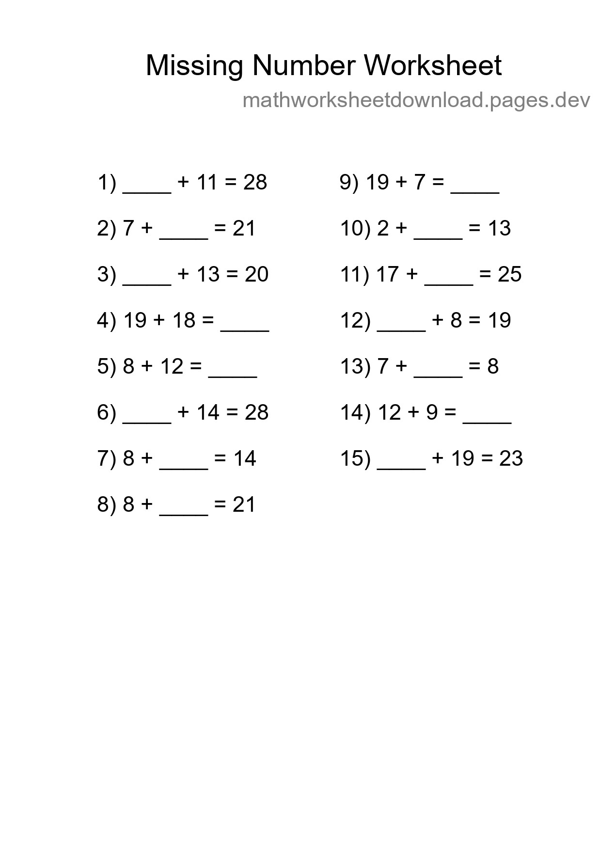 Missing Number Math Worksheet