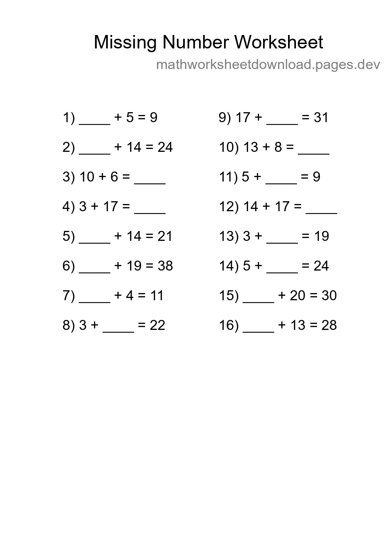 Missing Number Math Worksheet