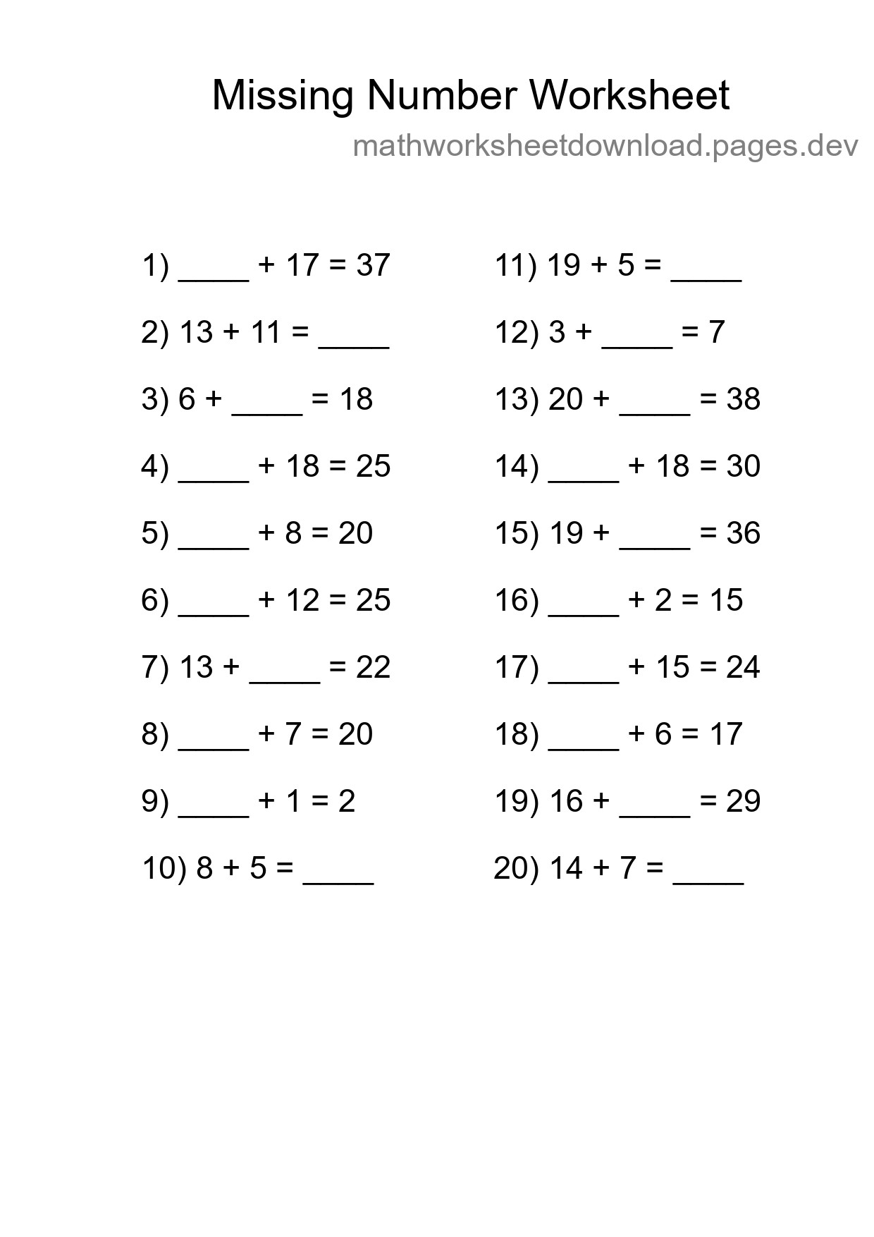 Missing Number Math Worksheet