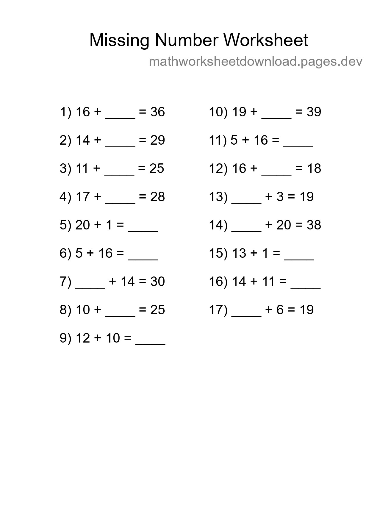 Missing Number Math Worksheet