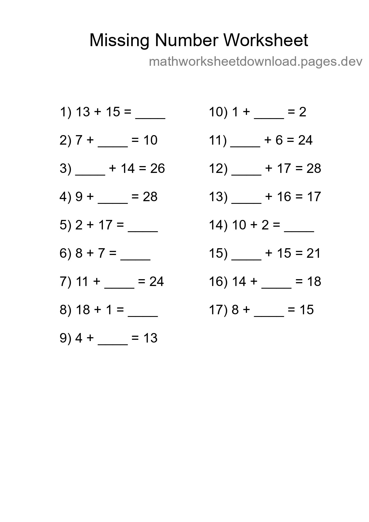 Missing Number Math Worksheet
