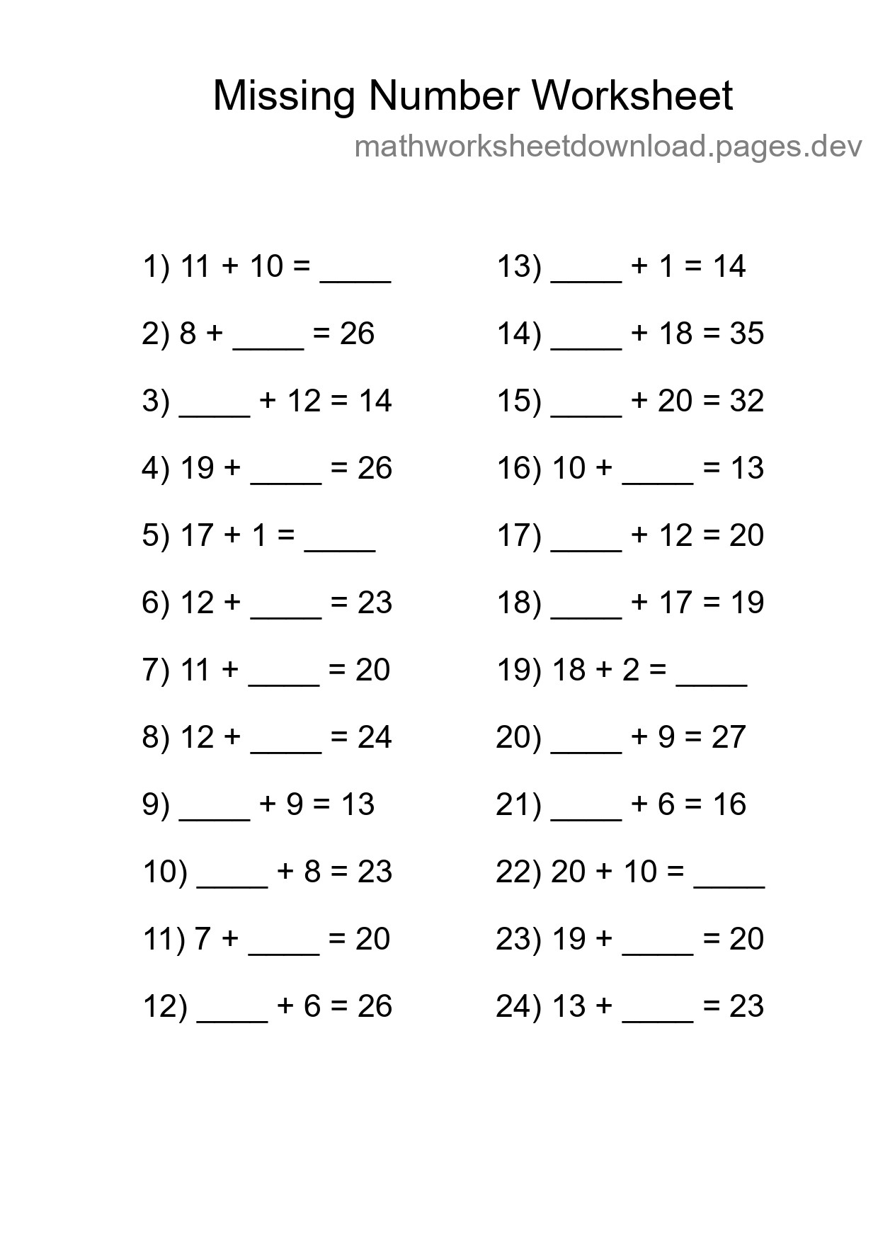 Missing Number Math Worksheet