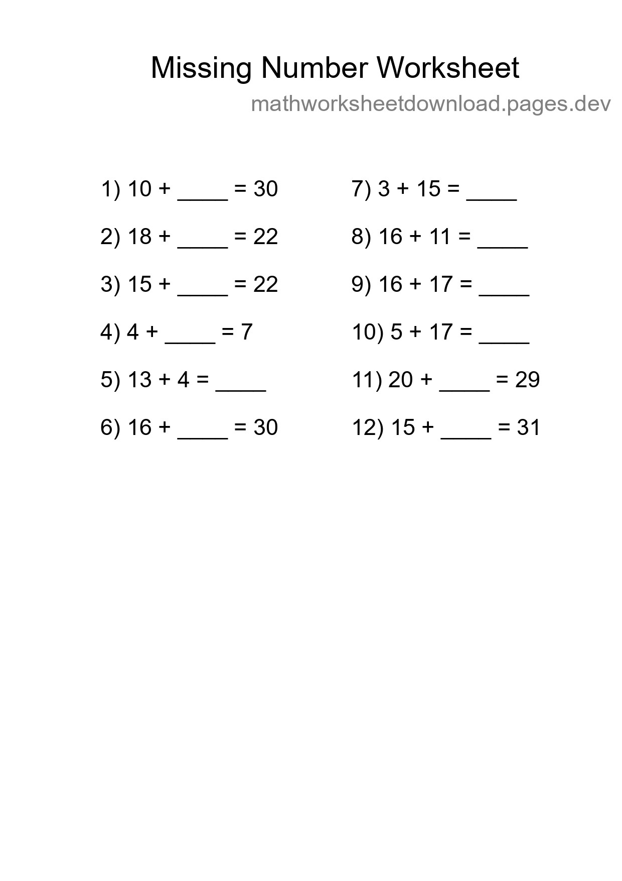 Missing Number Math Worksheet