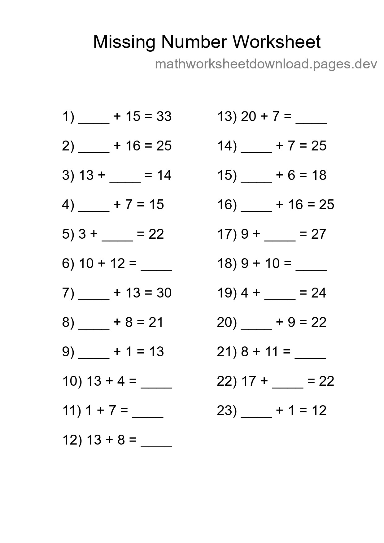 Missing Number Math Worksheet
