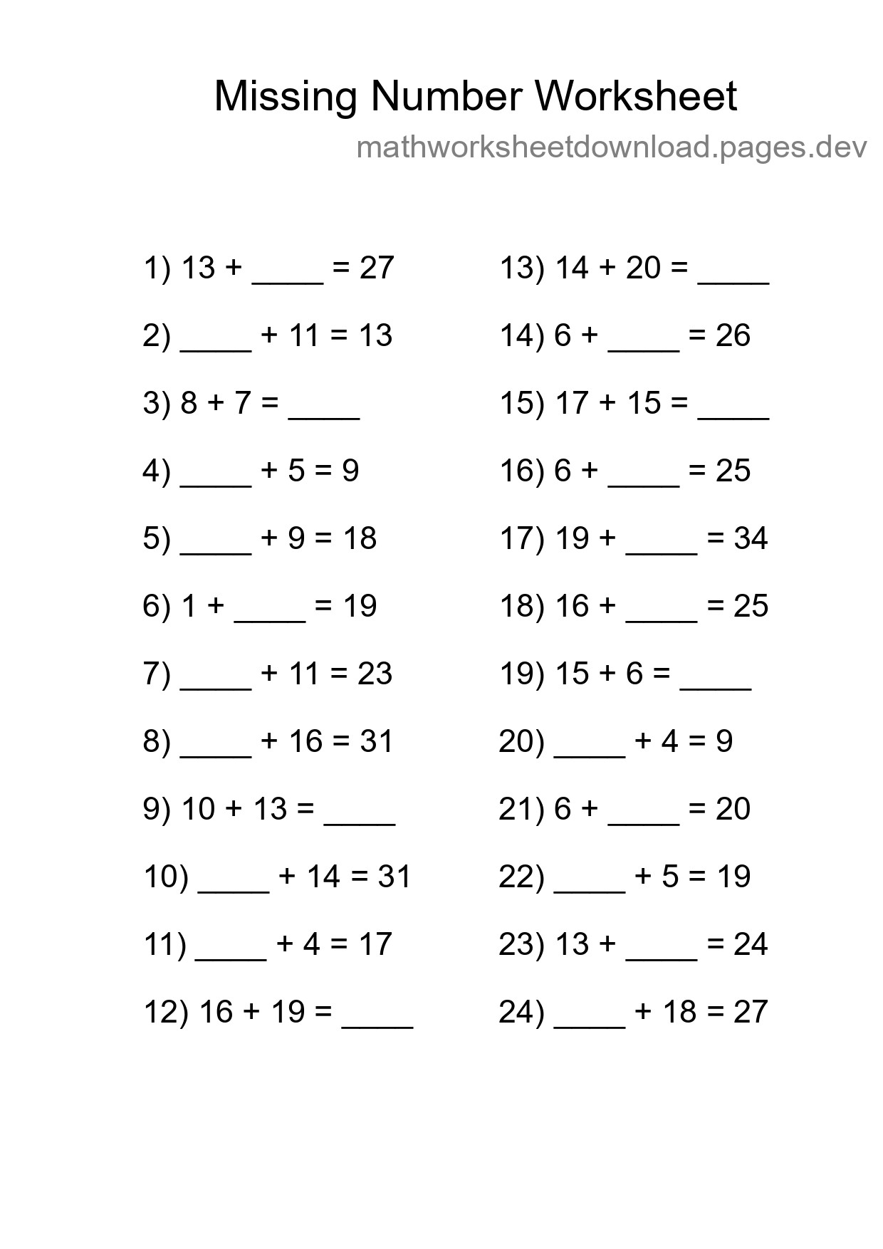 Missing Number Math Worksheet