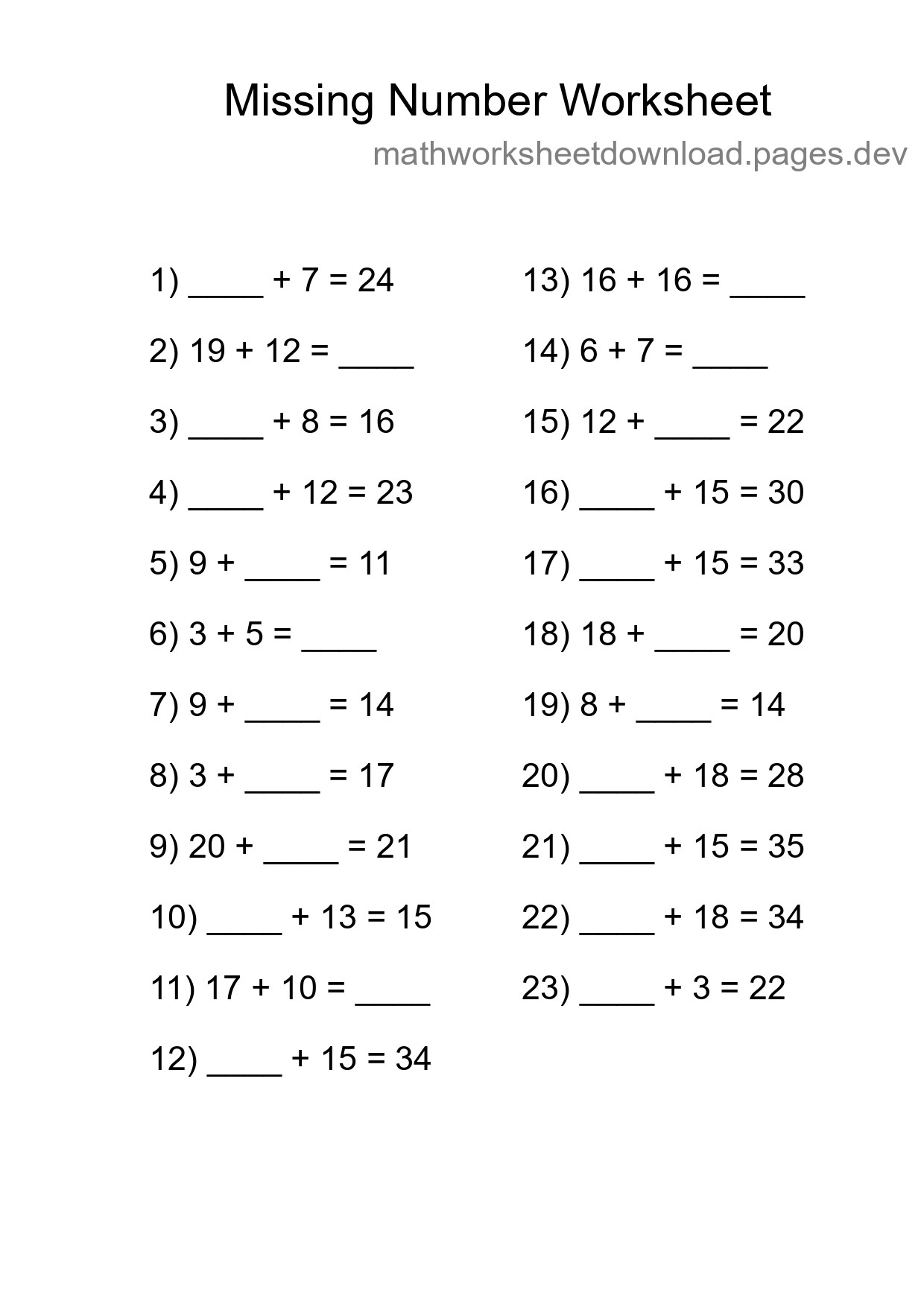Missing Number Math Worksheet
