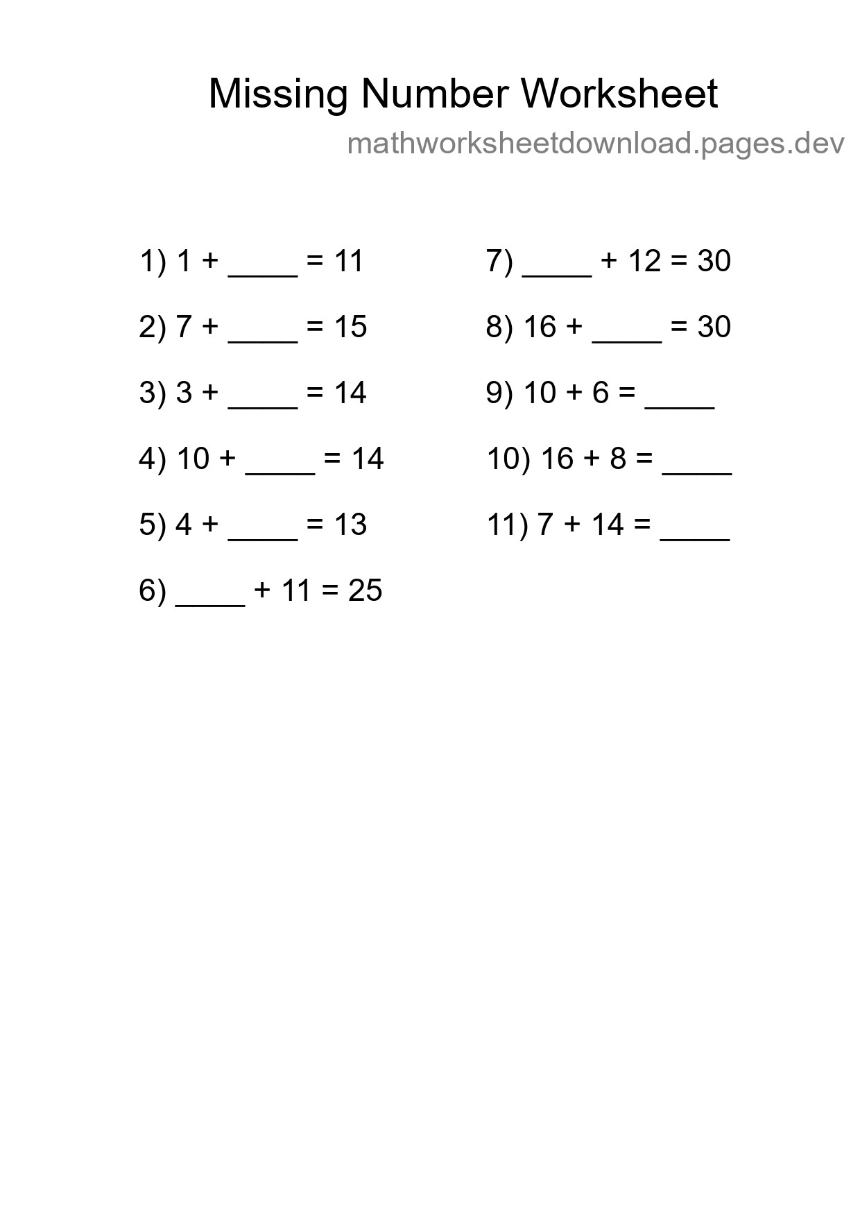 Missing Number Math Worksheet