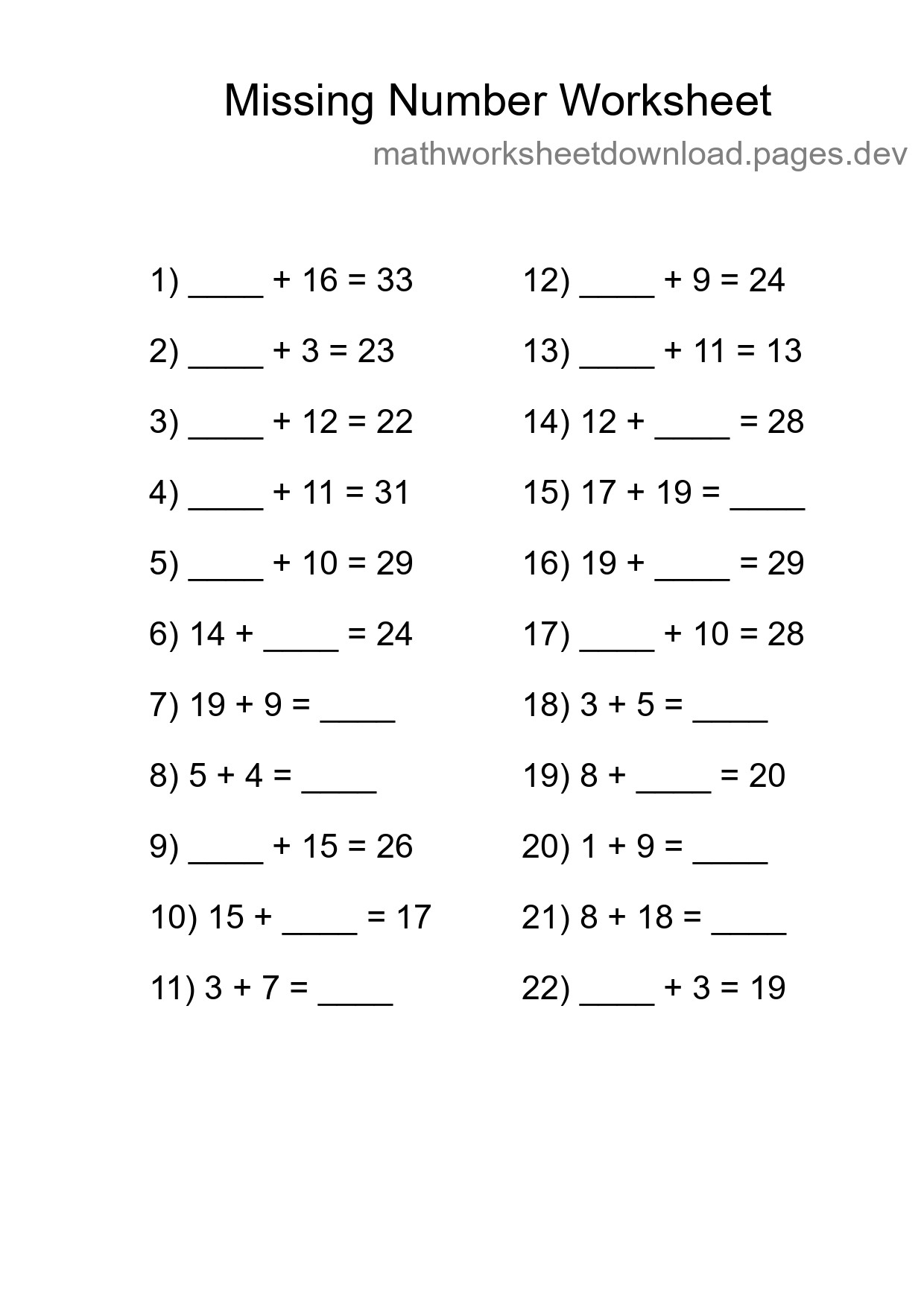 Missing Number Math Worksheet