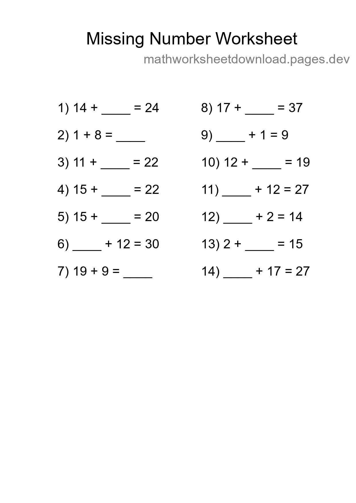 Missing Number Math Worksheet