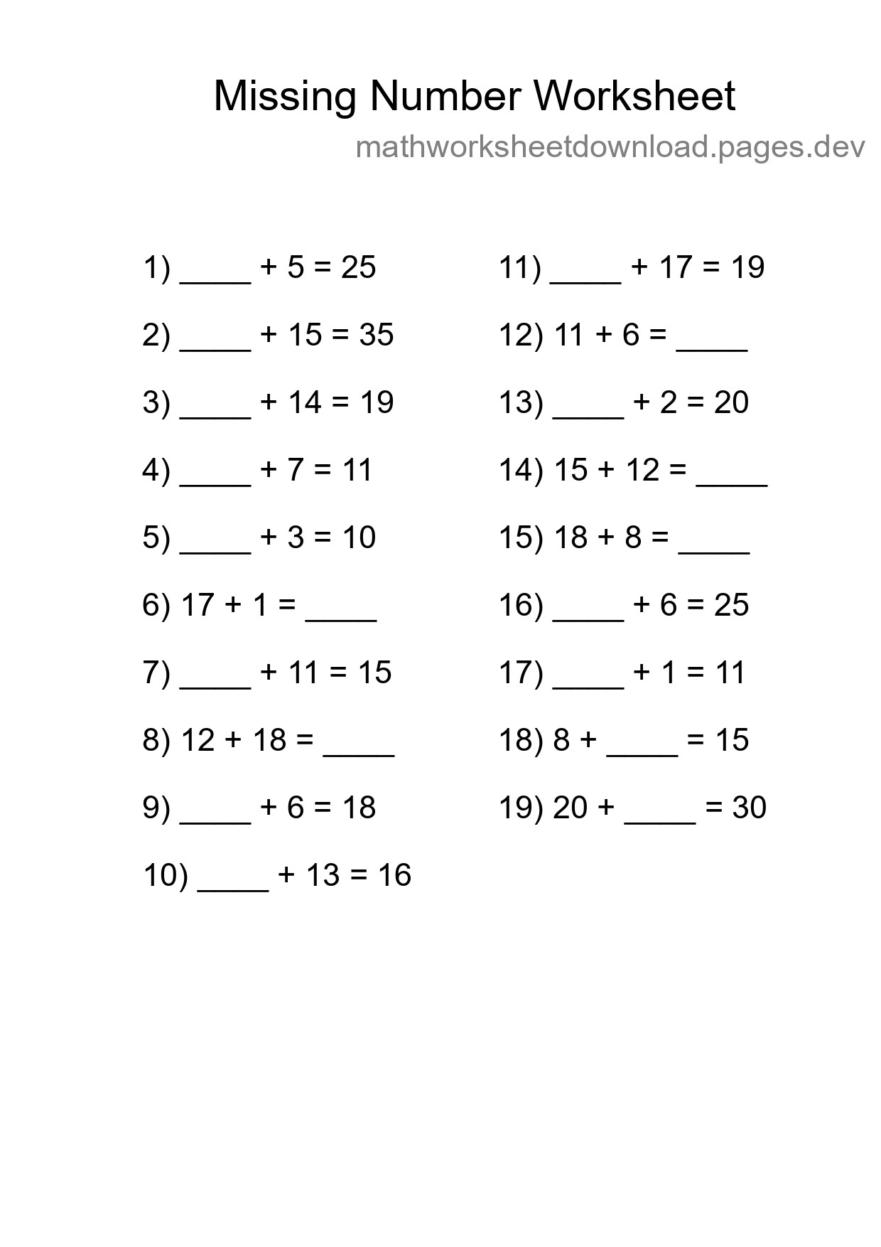 Missing Number Math Worksheet