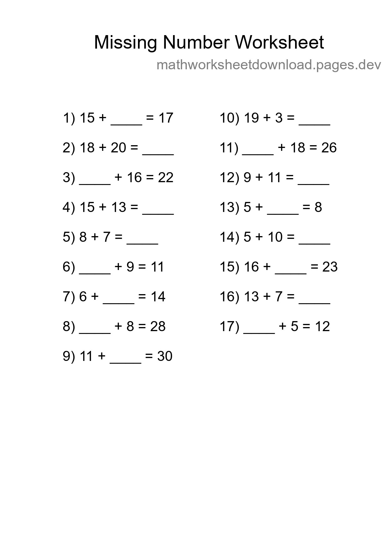 Missing Number Math Worksheet