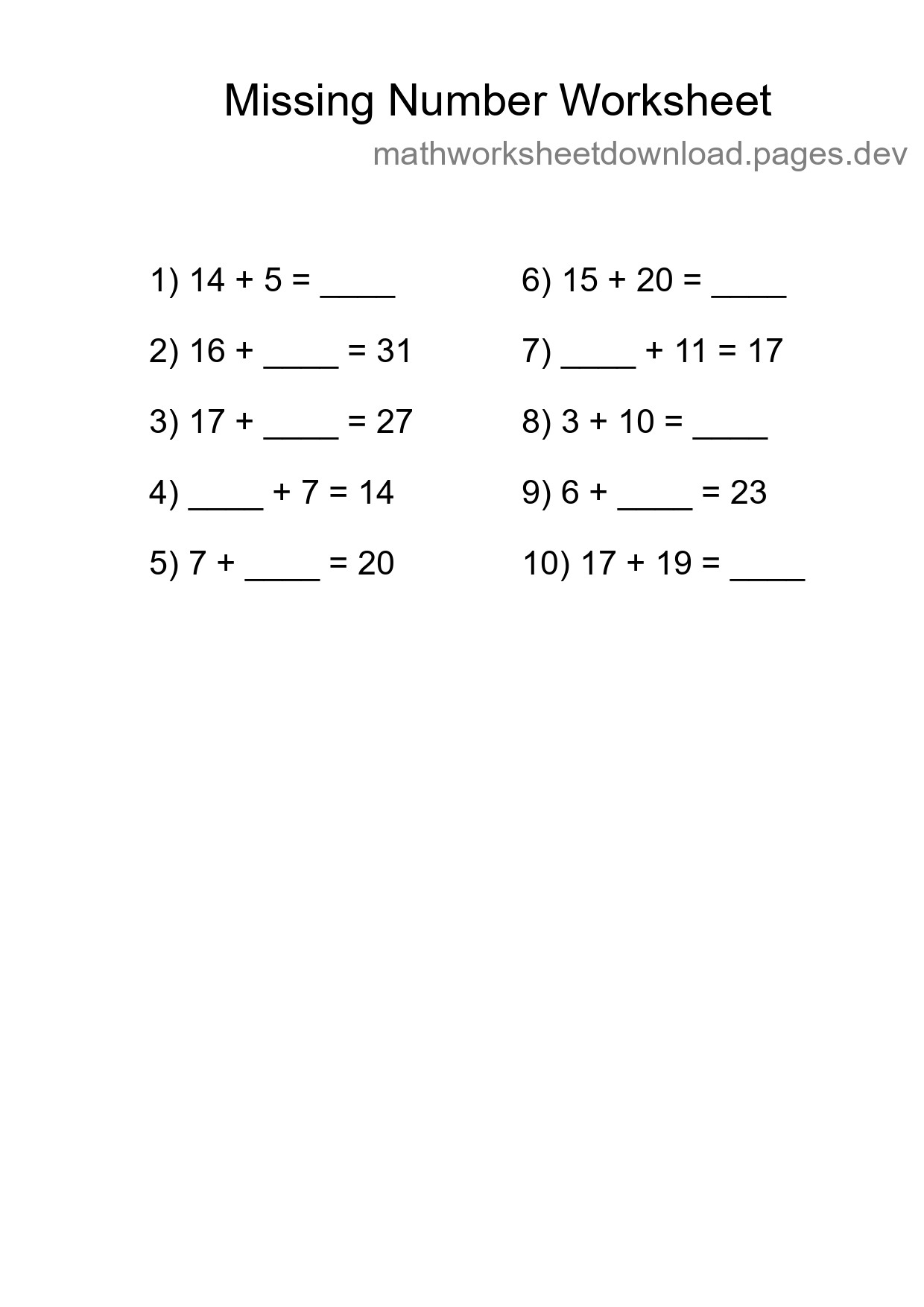 Missing Number Math Worksheet