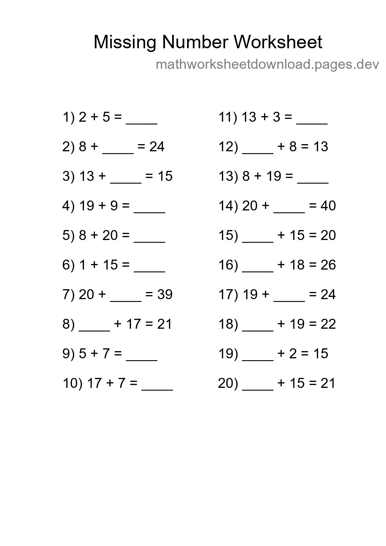 Missing Number Math Worksheet