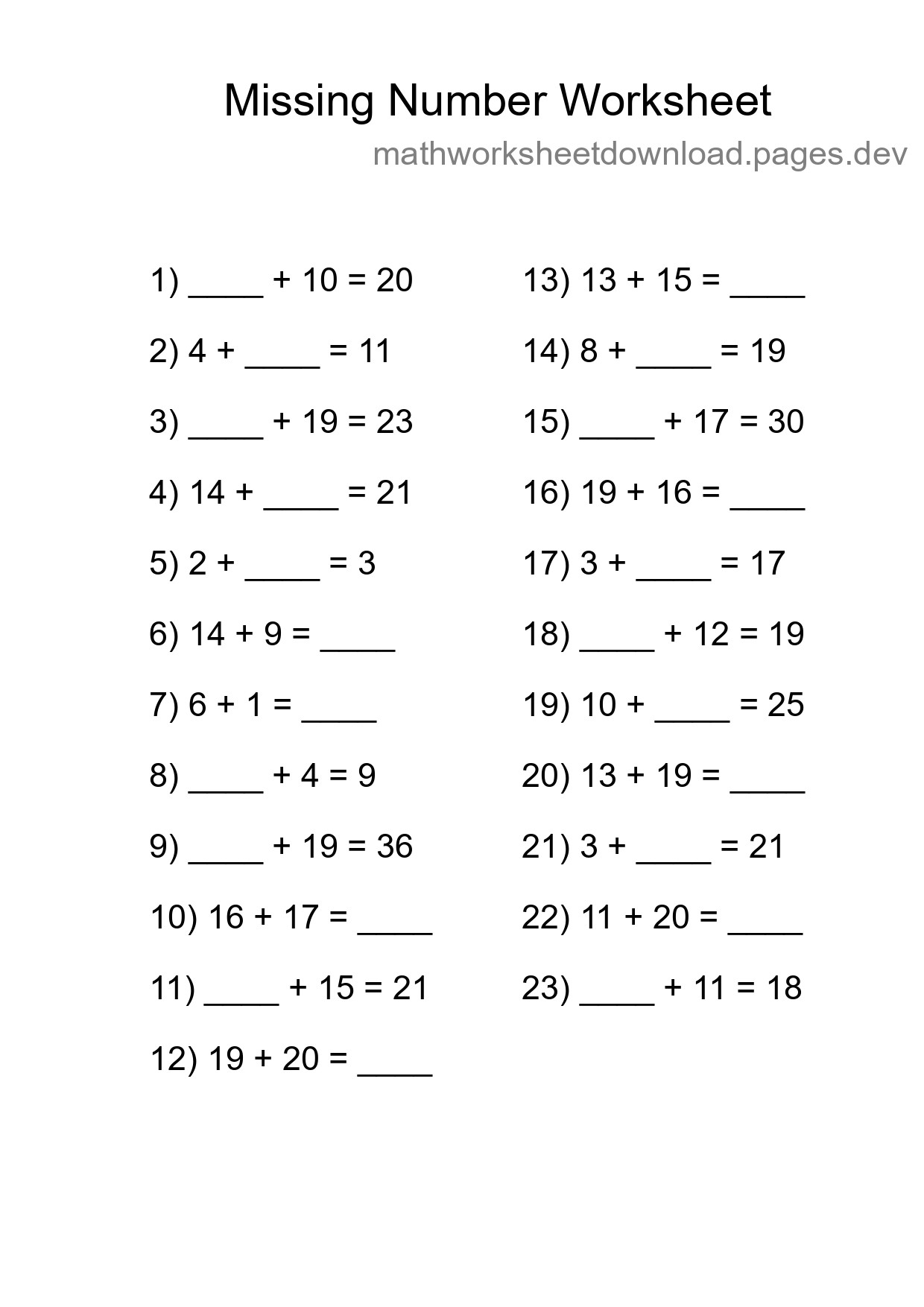 Missing Number Math Worksheet